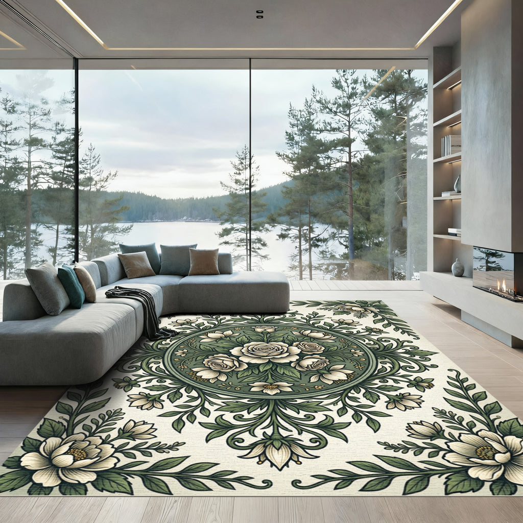 Elegant Sage Green Floral Rose Medallion Rug