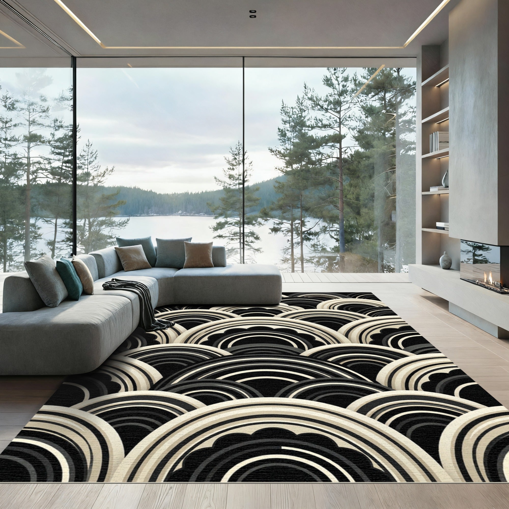 Art Deco Black And White Ripple Rug