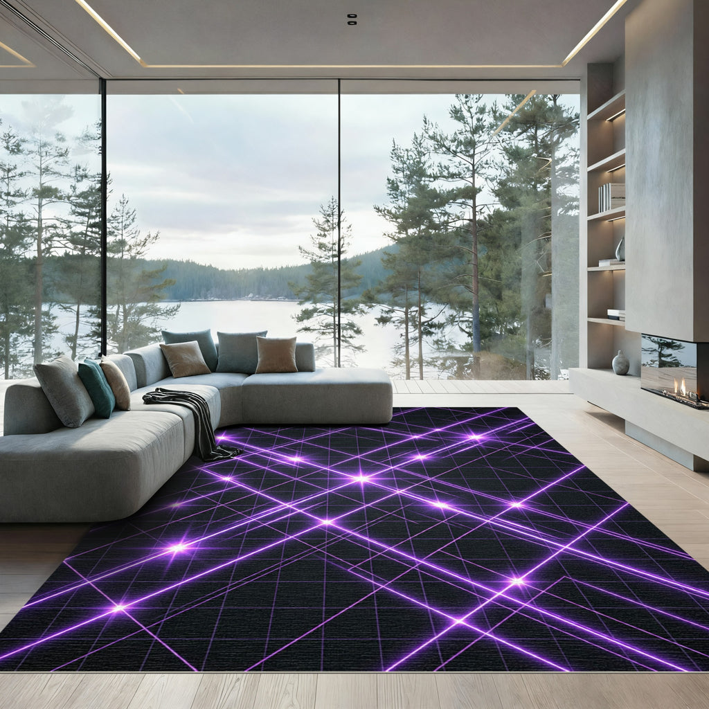 Geometric Radiant Purple Light Grid Rug