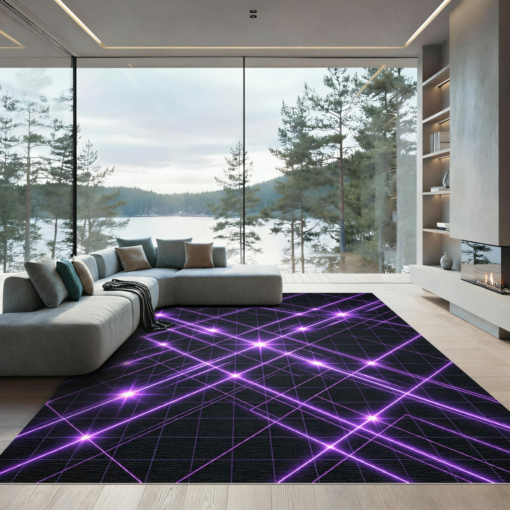 Geometric Radiant Purple Light Grid Rug
