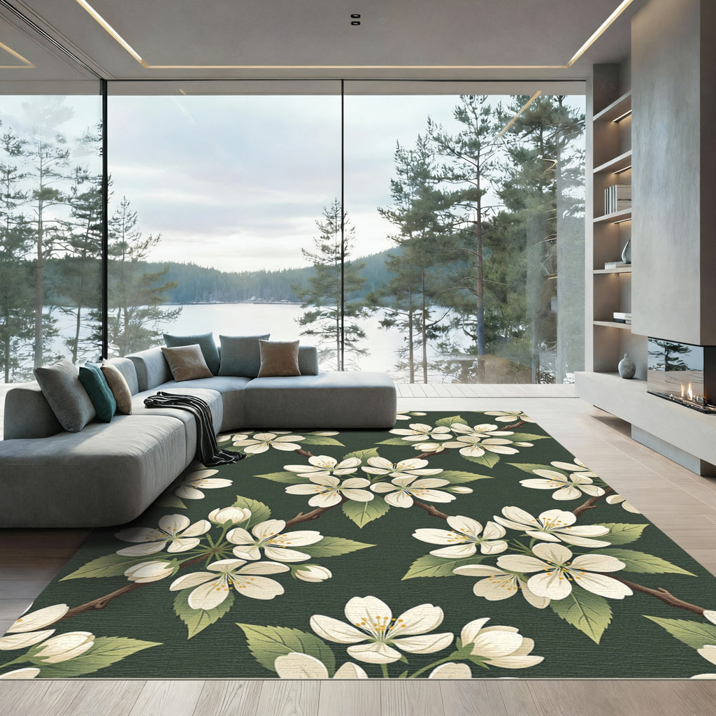 Elegant Apple Blossom Dark Green Tones Rug