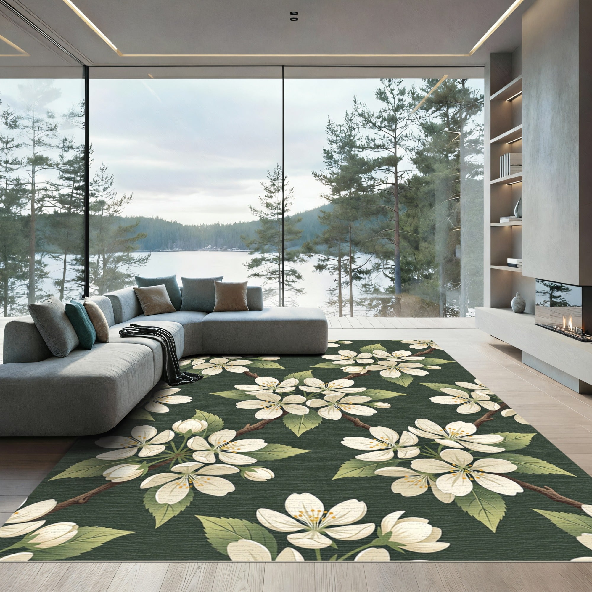 Elegant Apple Blossom Dark Green Tones Rug