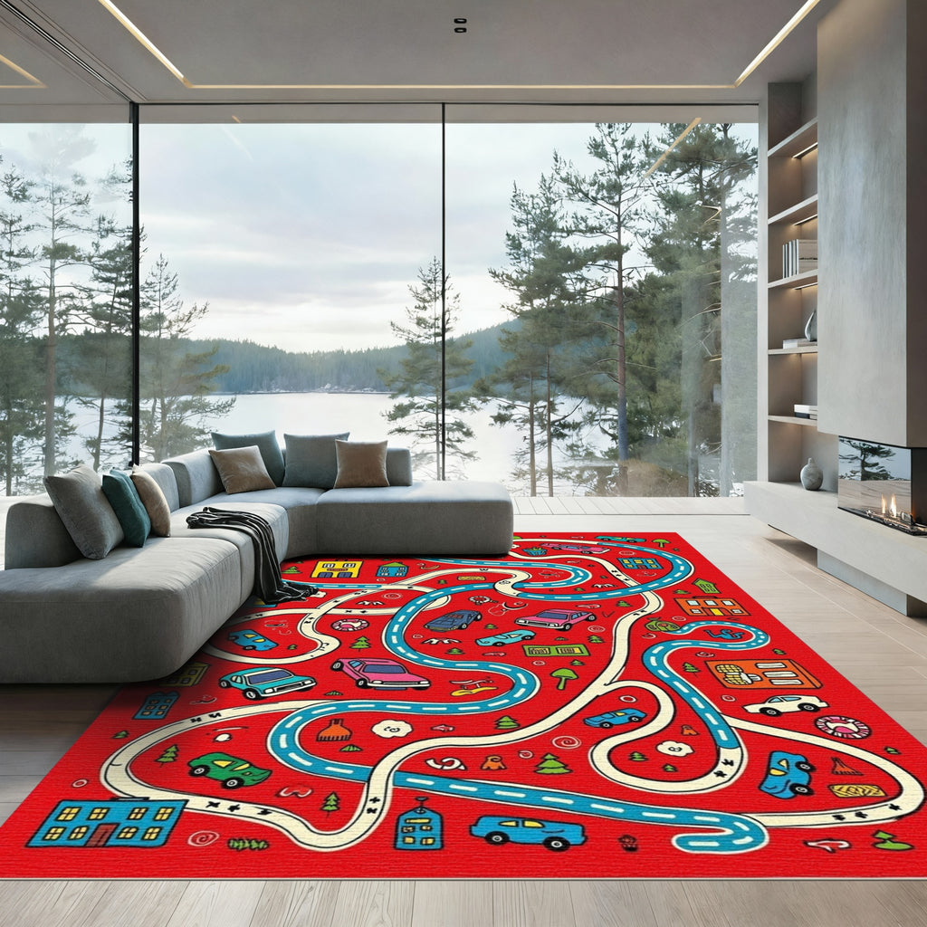 Playful Red City Car Maze Rug
