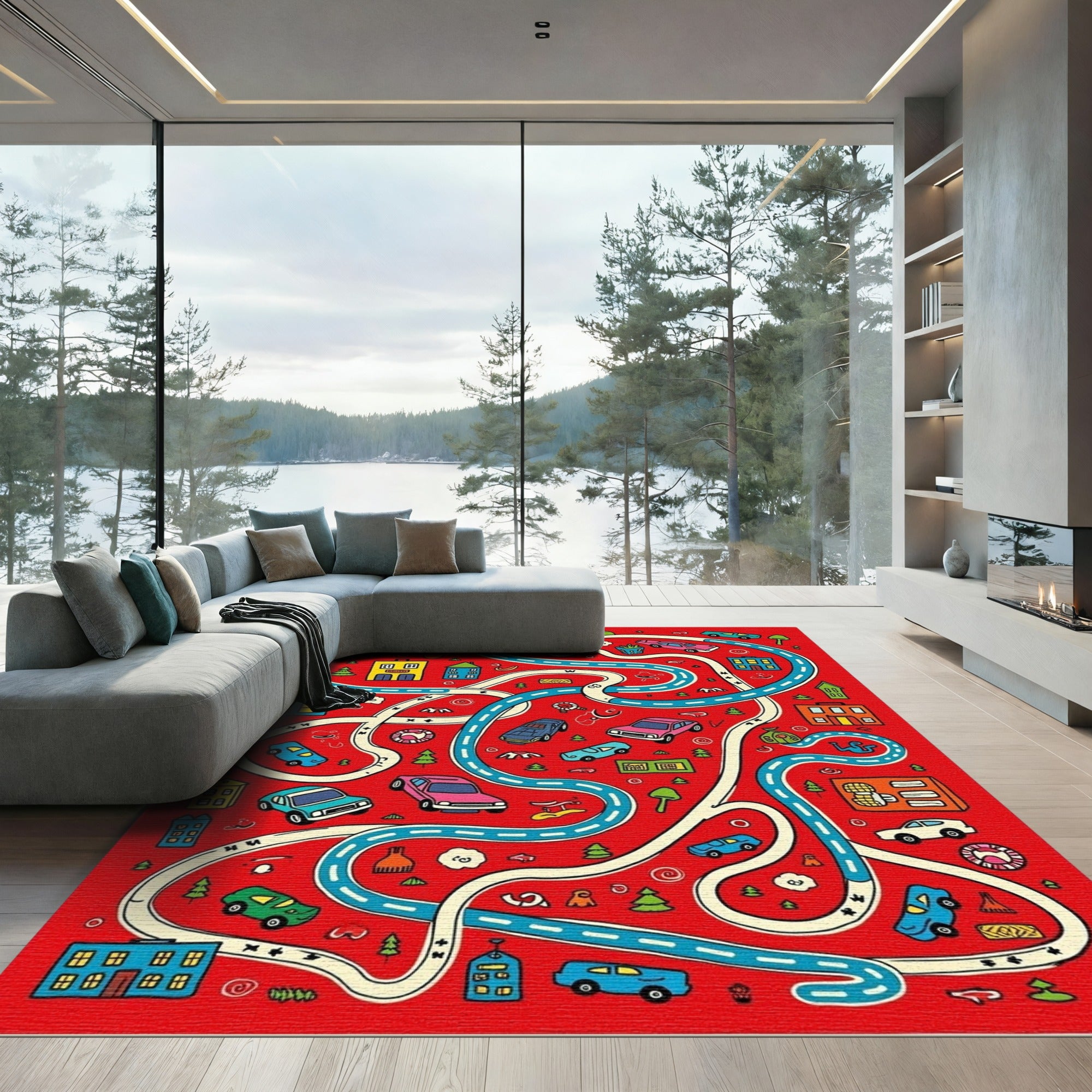 Playful Red City Car Maze Rug