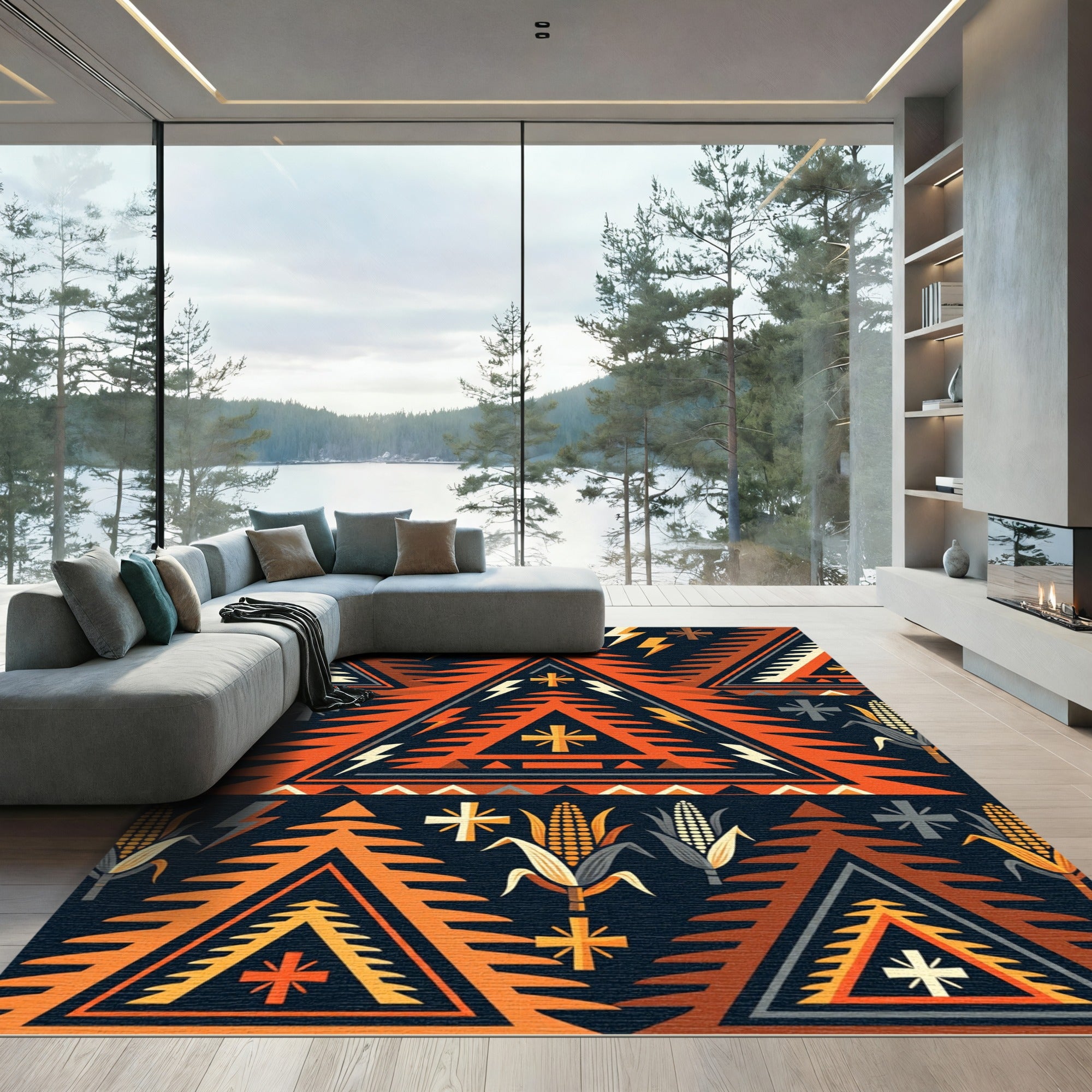 Earthy Orange Geometric Totem Mountain Abstract Rug