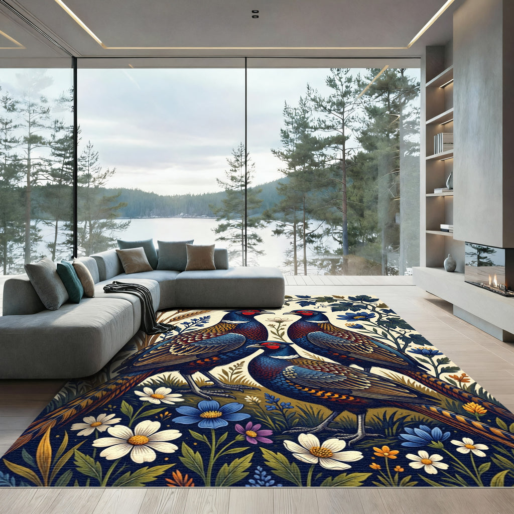 Vibrant Pheasant and Wildflower Meadow Rug