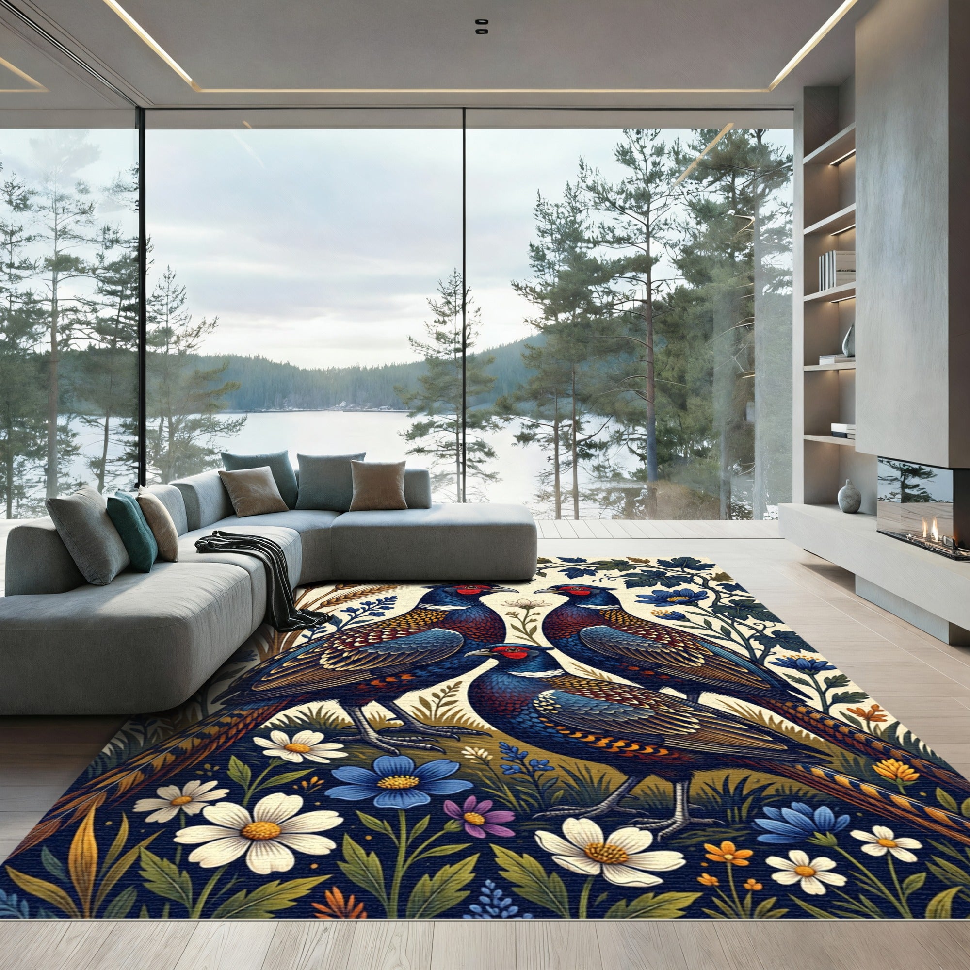 Vibrant Pheasant and Wildflower Meadow Rug