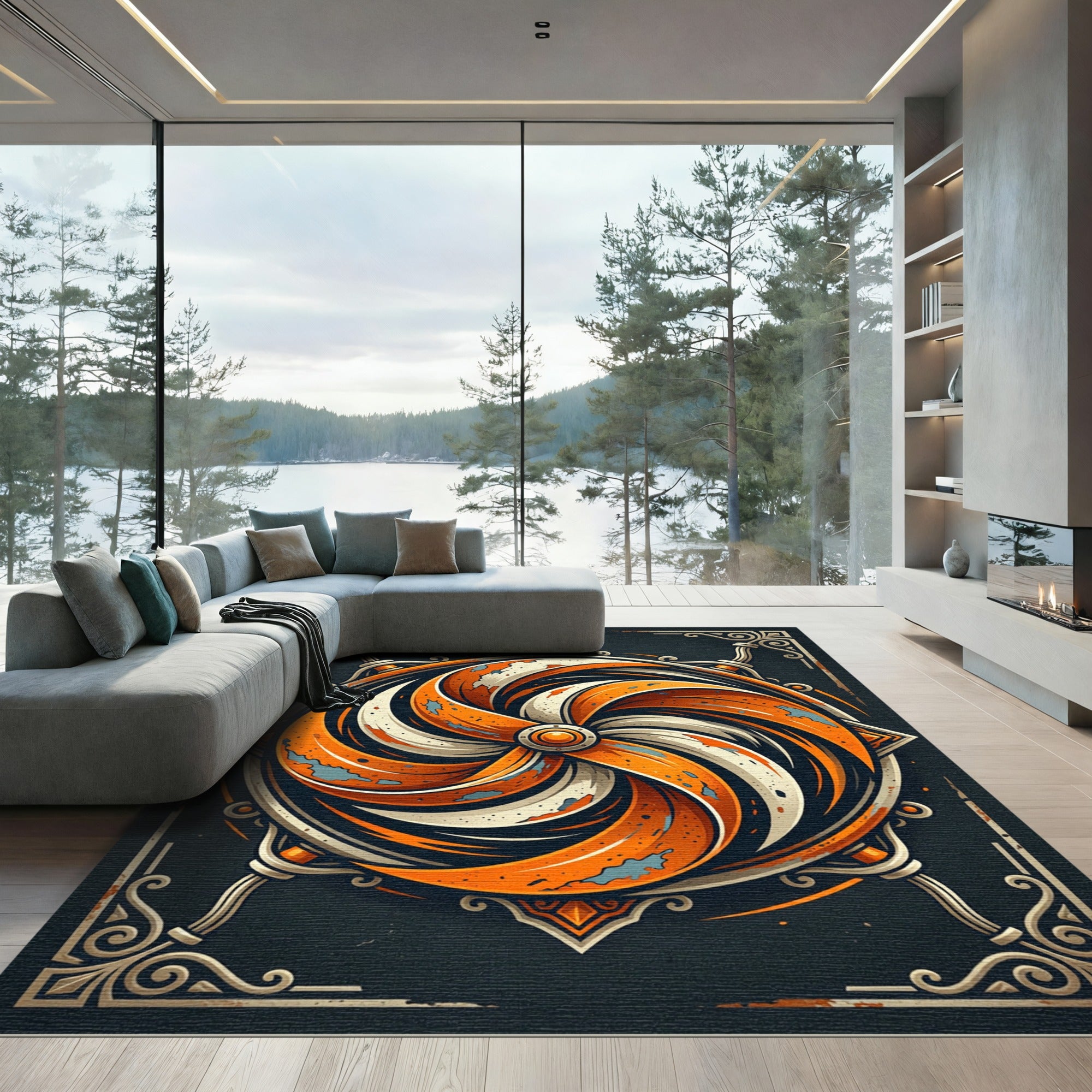 Vibrant Orange Swirl Abstract Art Rug