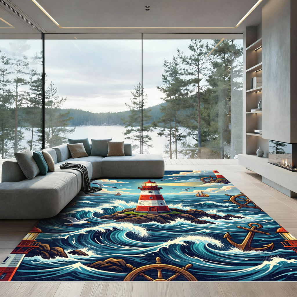 Nautical Lighthouse Anchor Maritime Ocean Scene Rug