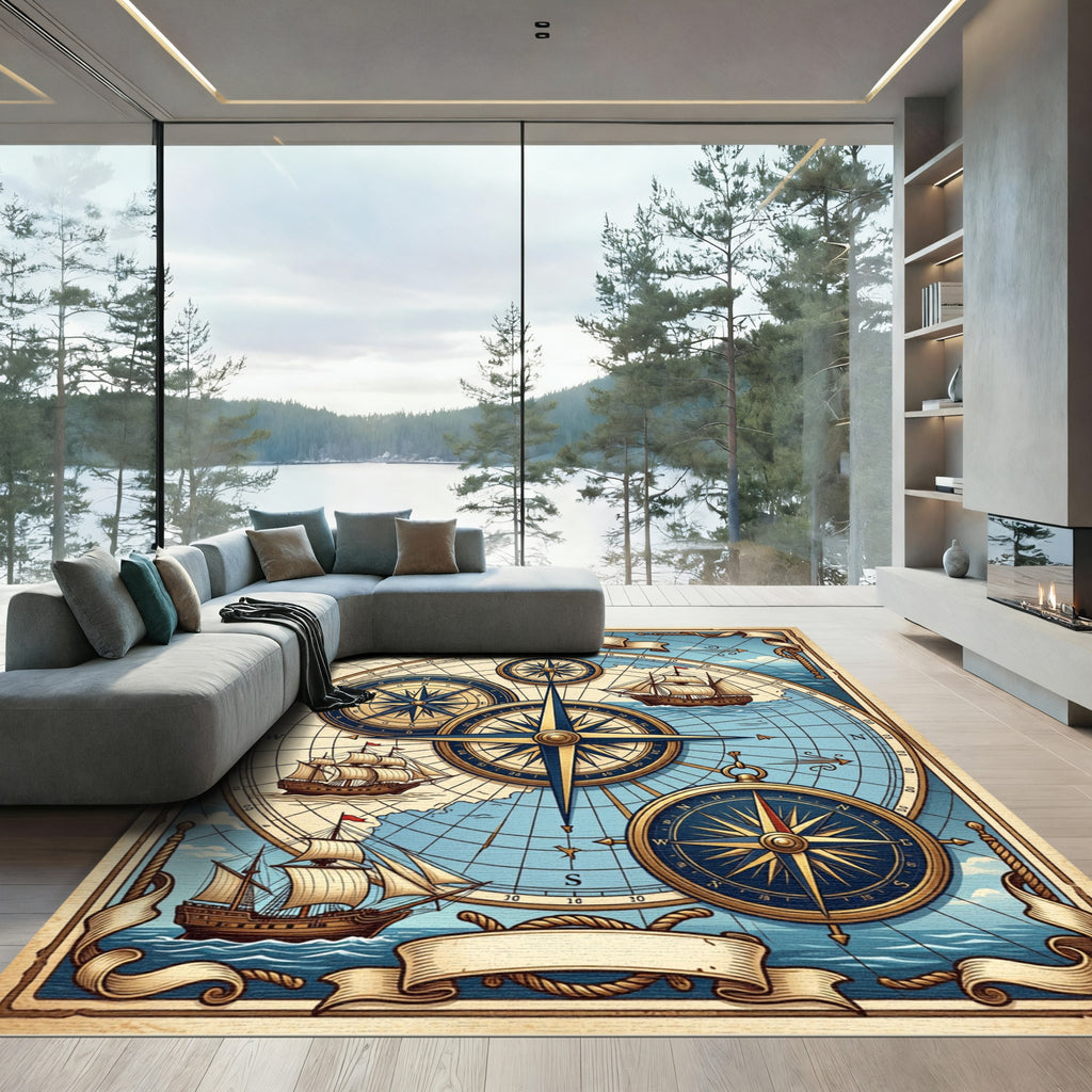 Nautical Compass Ships Map Rug