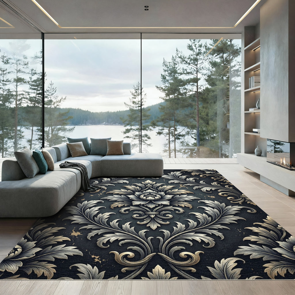 Elegant Silver Charcoal Damask Scroll Rug