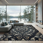 Elegant Silver Charcoal Damask Scroll Rug
