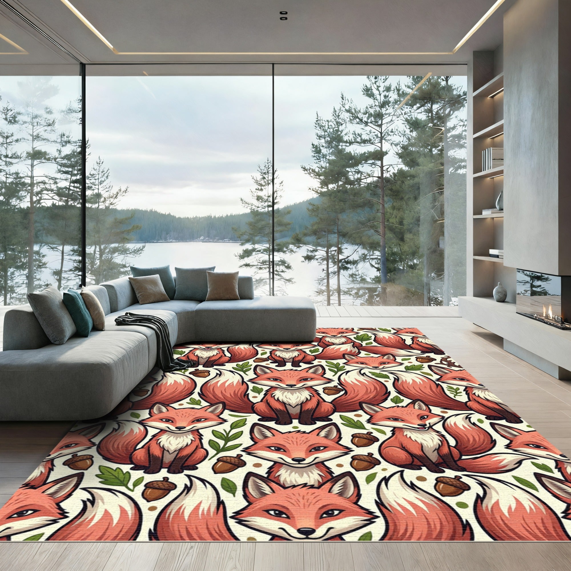 Whimsical Orange Fox Woodland Acorn Illustration Rug