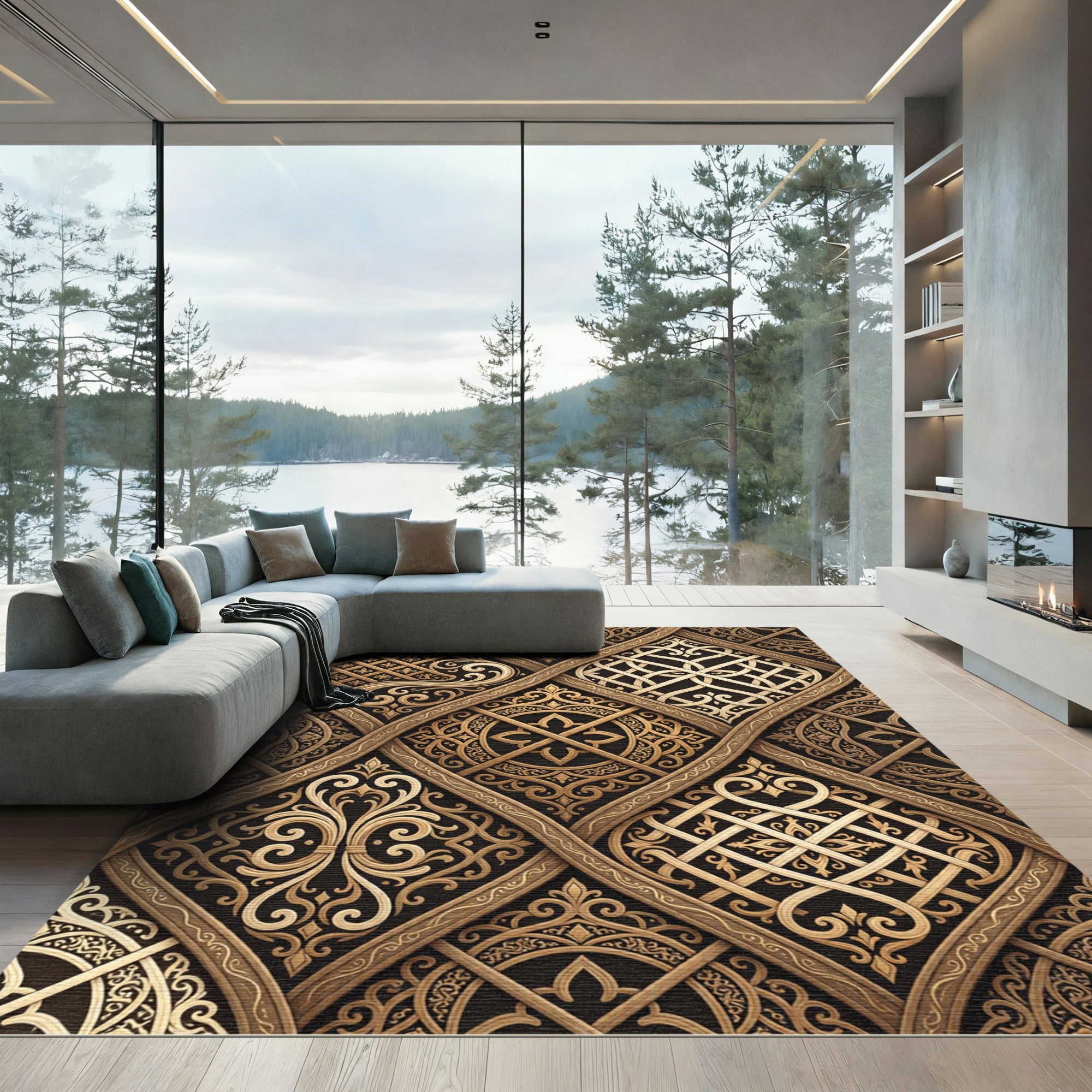 Gold Ornate Lattice Damask Geometric Rug