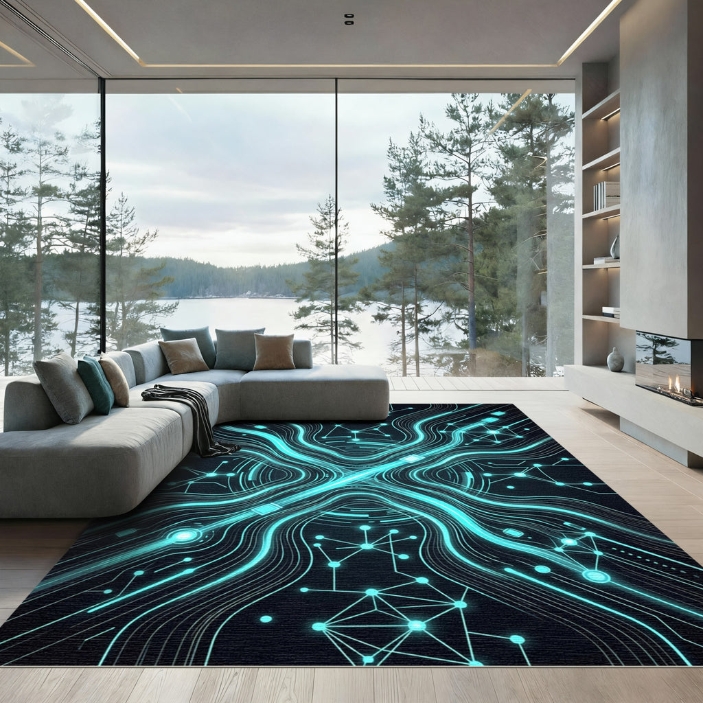 Electric Blue Circuit Network Rug