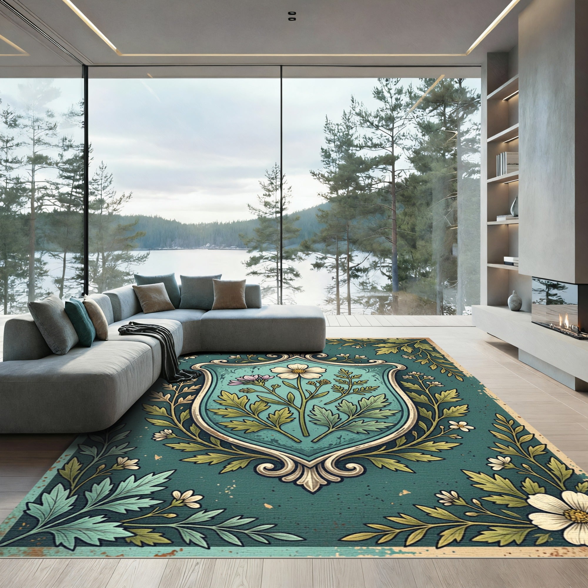 Botanical Floral Crest in Dusty Teal Rug