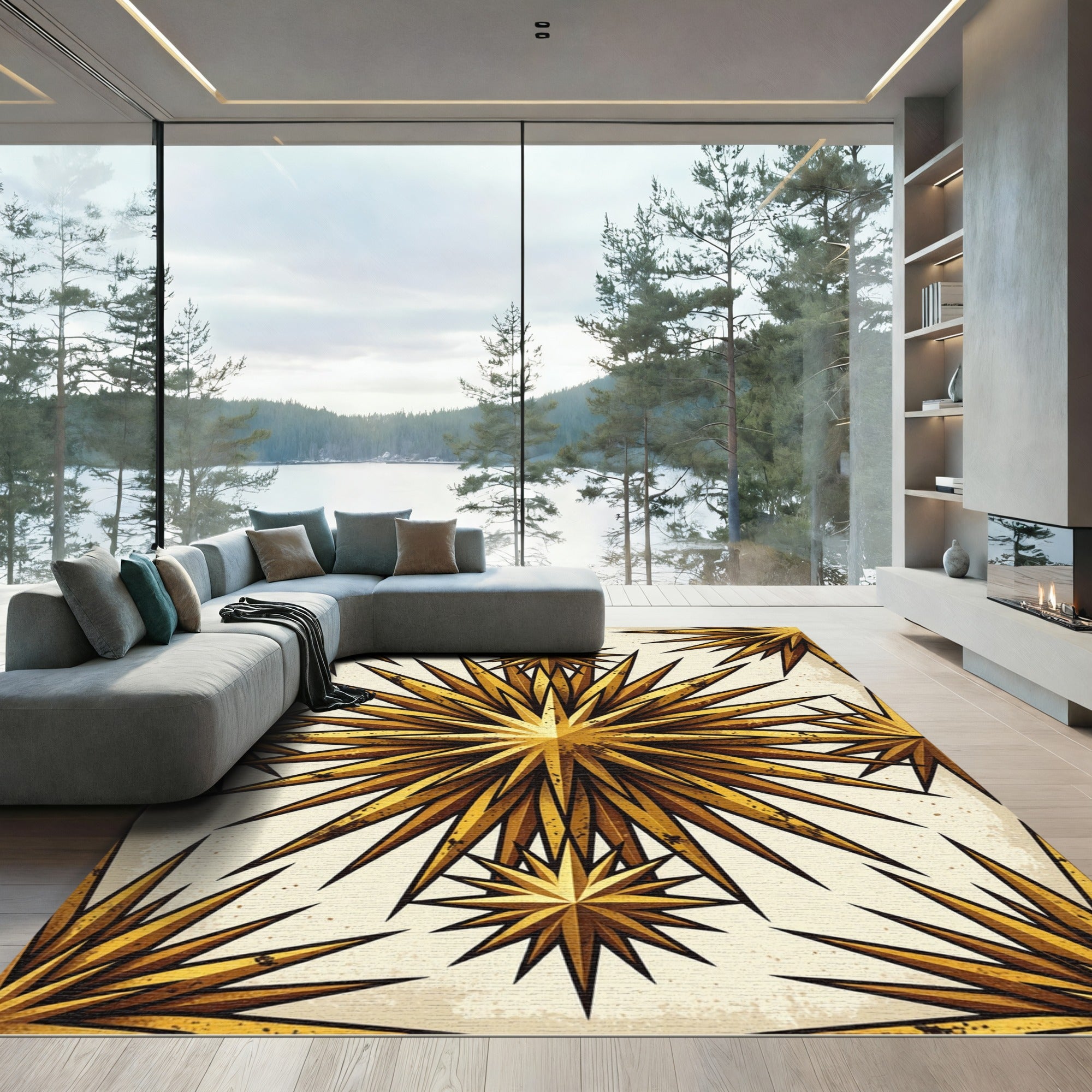 Gold Celestial Starry Geometric Art Rug