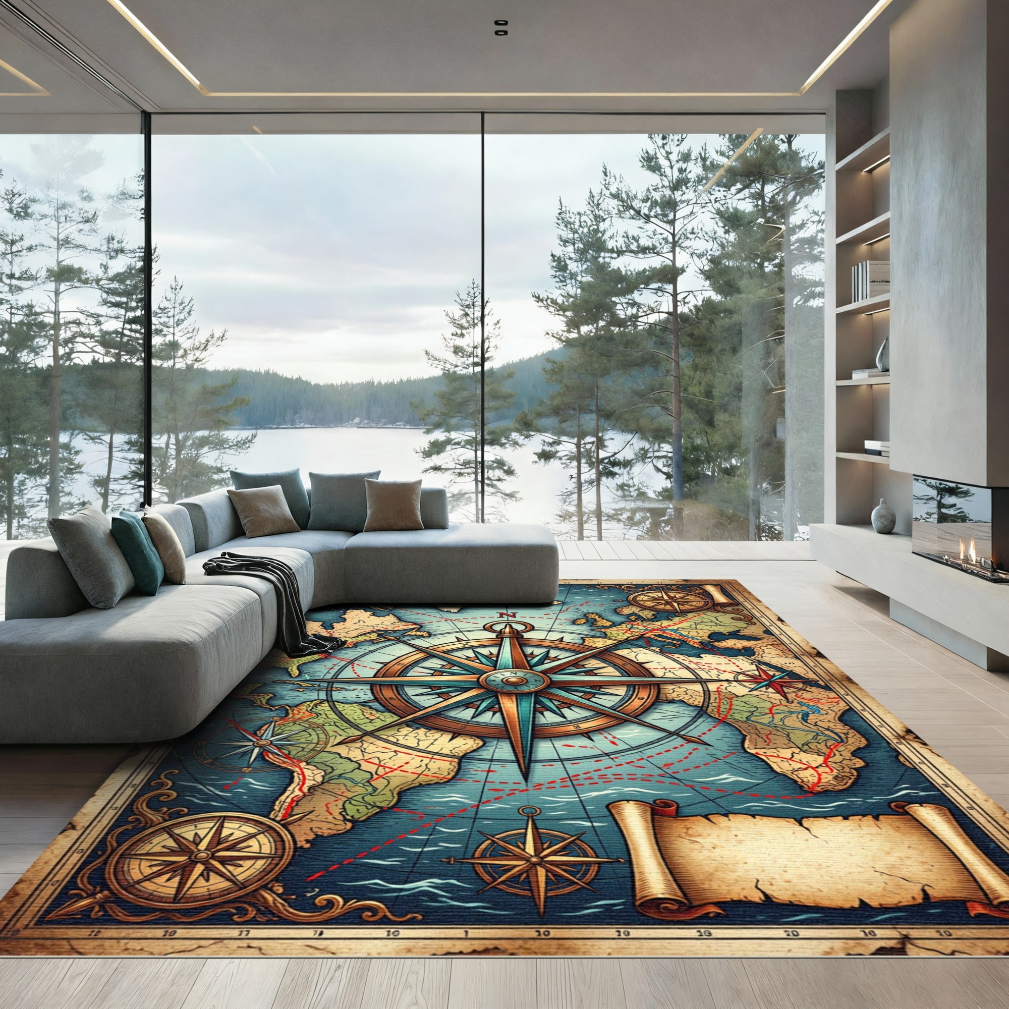 Vintage Nautical World Map Compass Art Rug