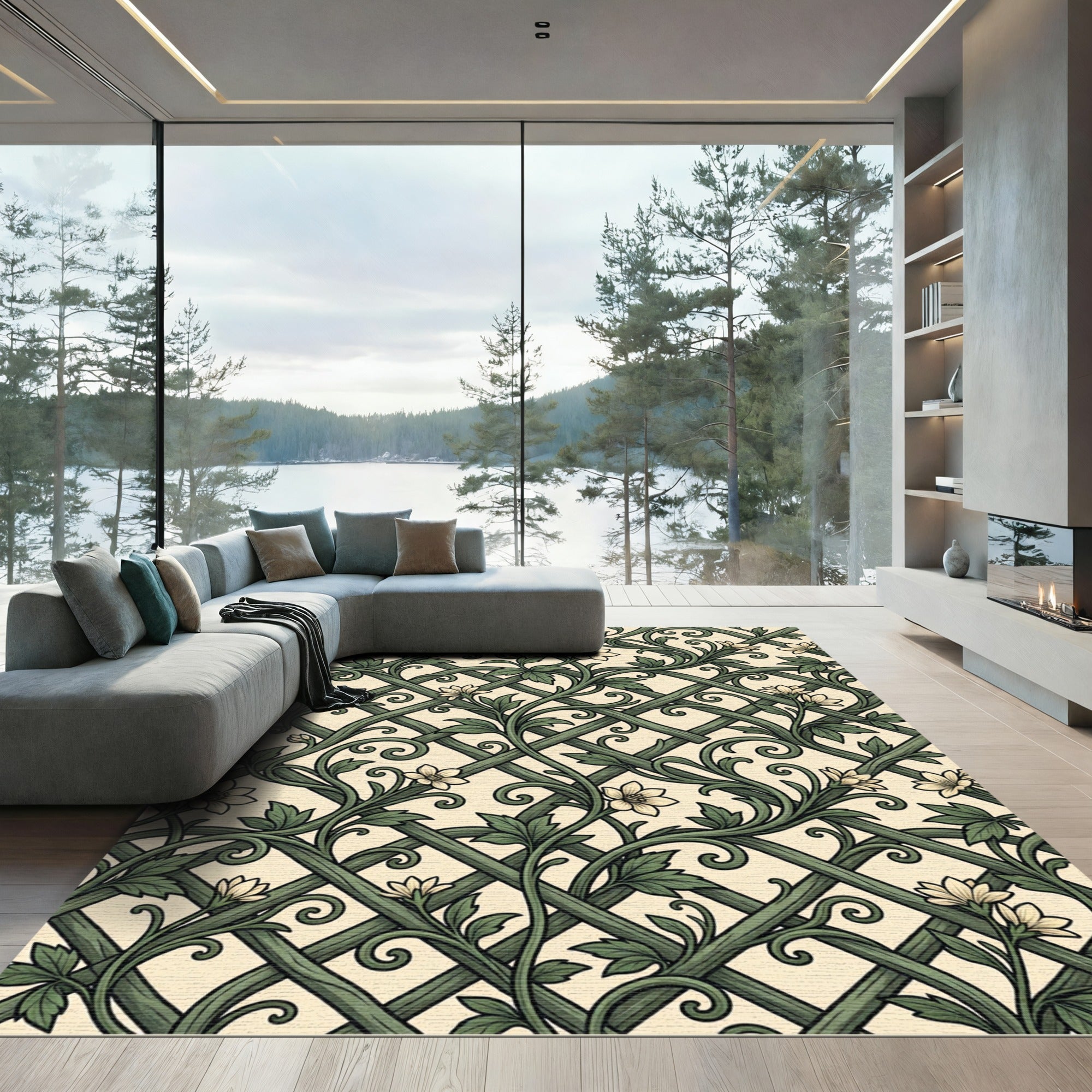 Sage Green Trellis Floral Vine Wallpaper Rug