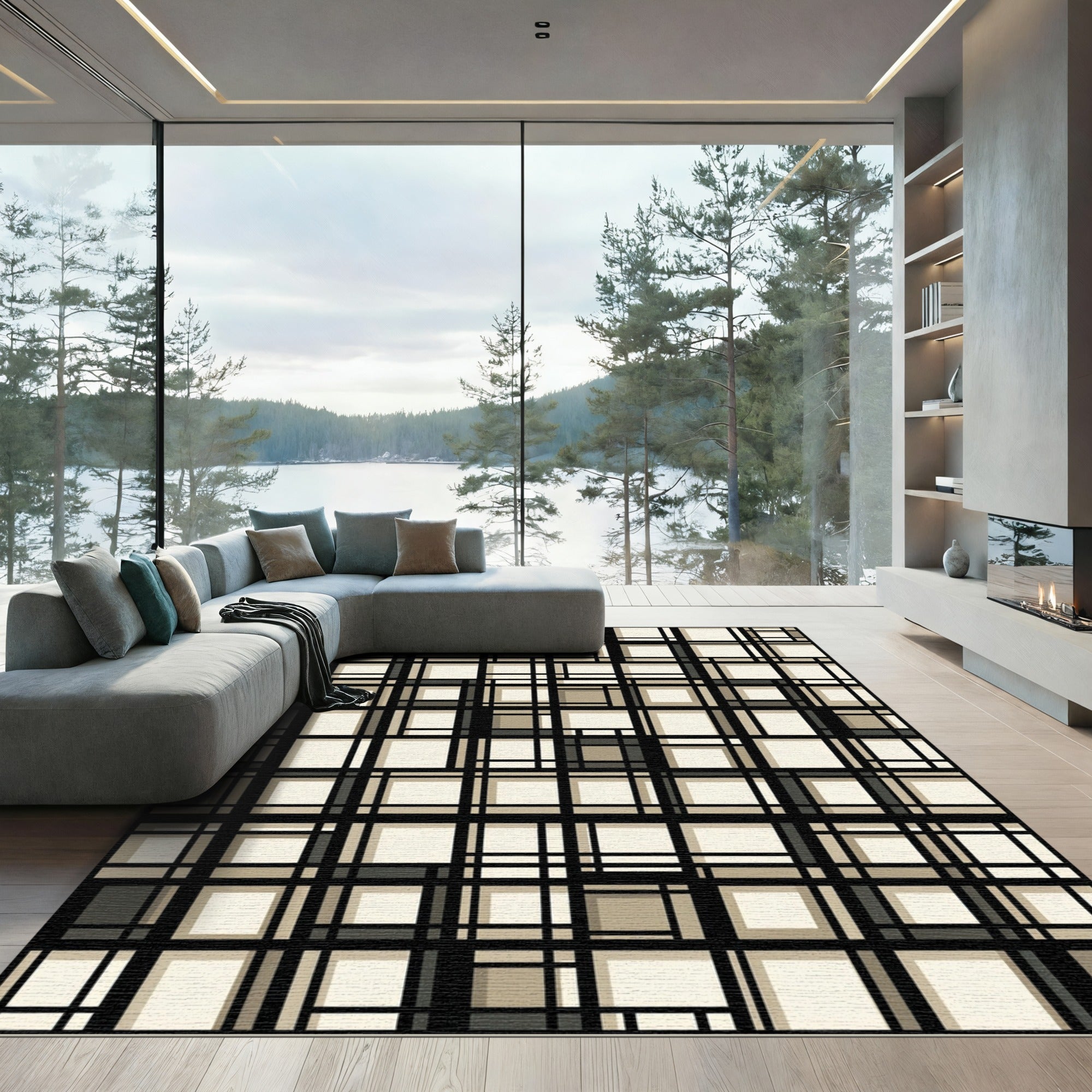 Modern Beige Grid Geometric Abstract Area Rug