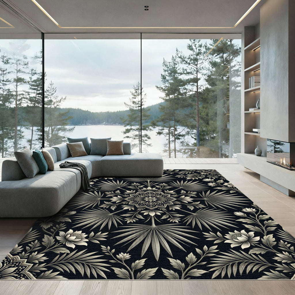 Monochromatic Floral Fan Medallion Rug
