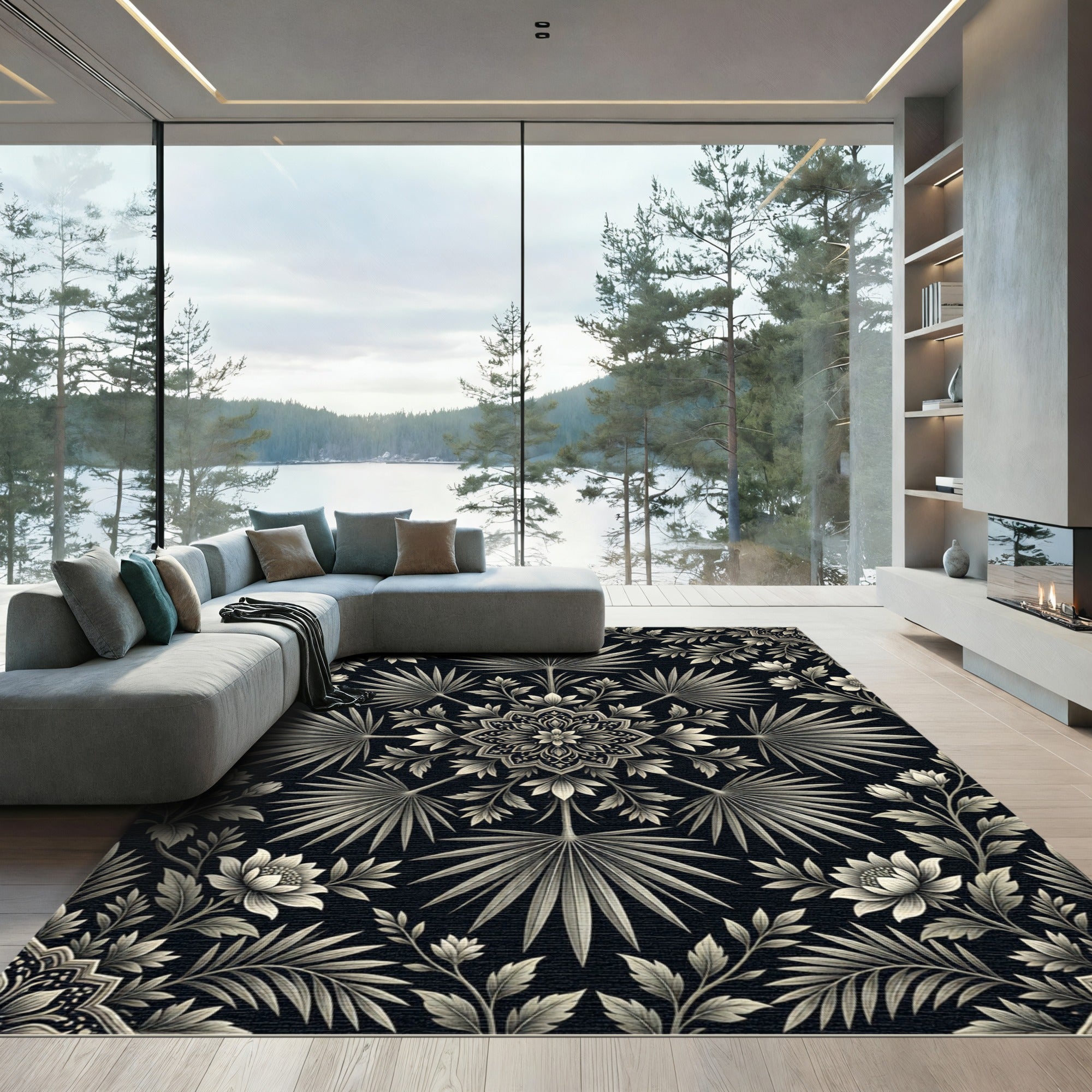 Monochromatic Floral Fan Medallion Rug