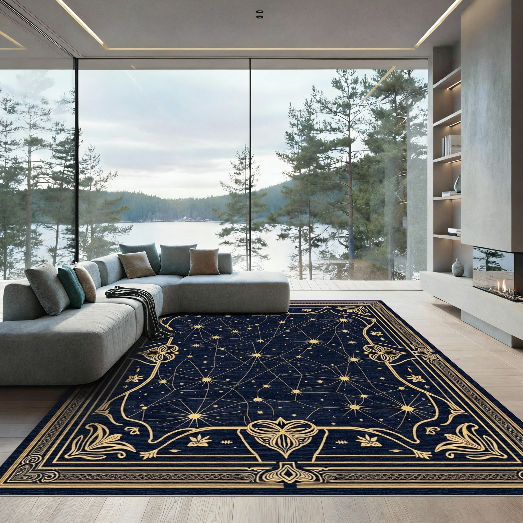 Celestial Gold Starry Night Sky Rug