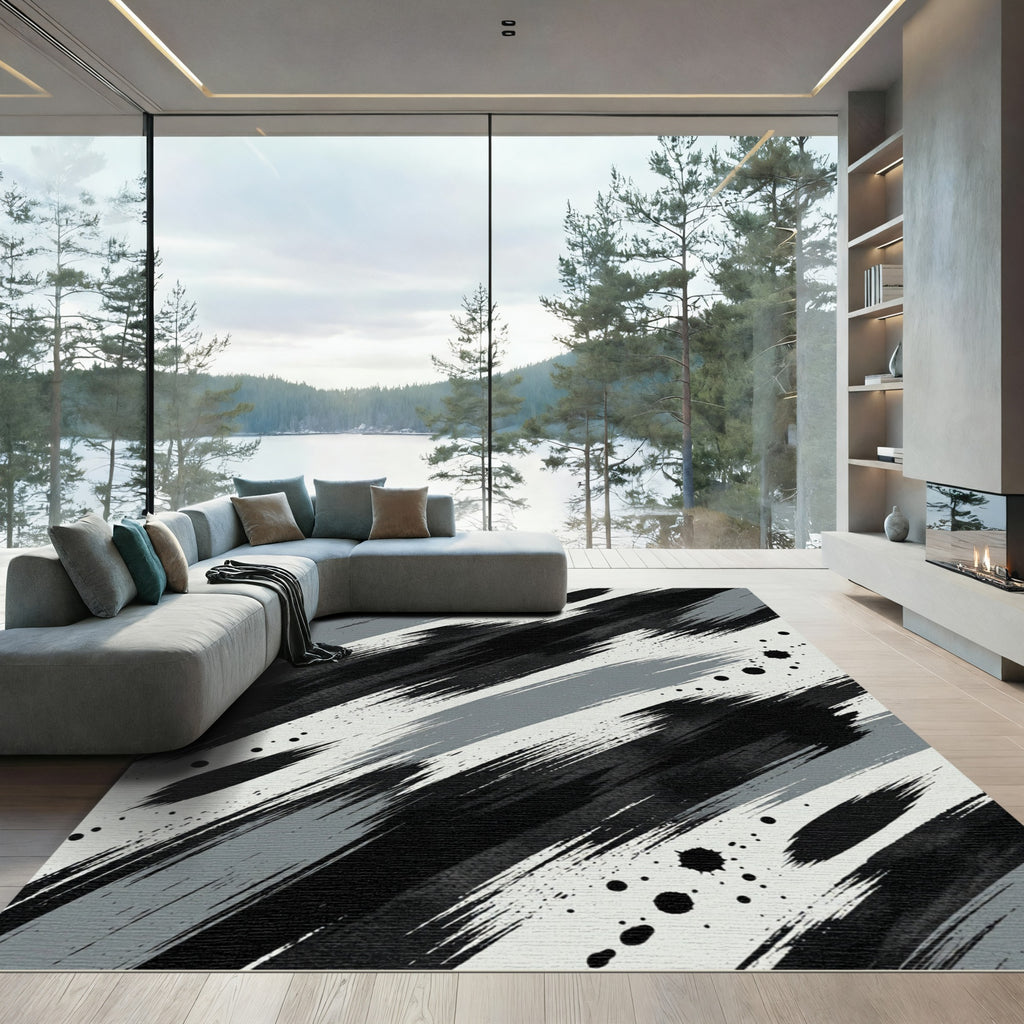 Monochrome Abstract Diagonal Brushstroke Art Rug