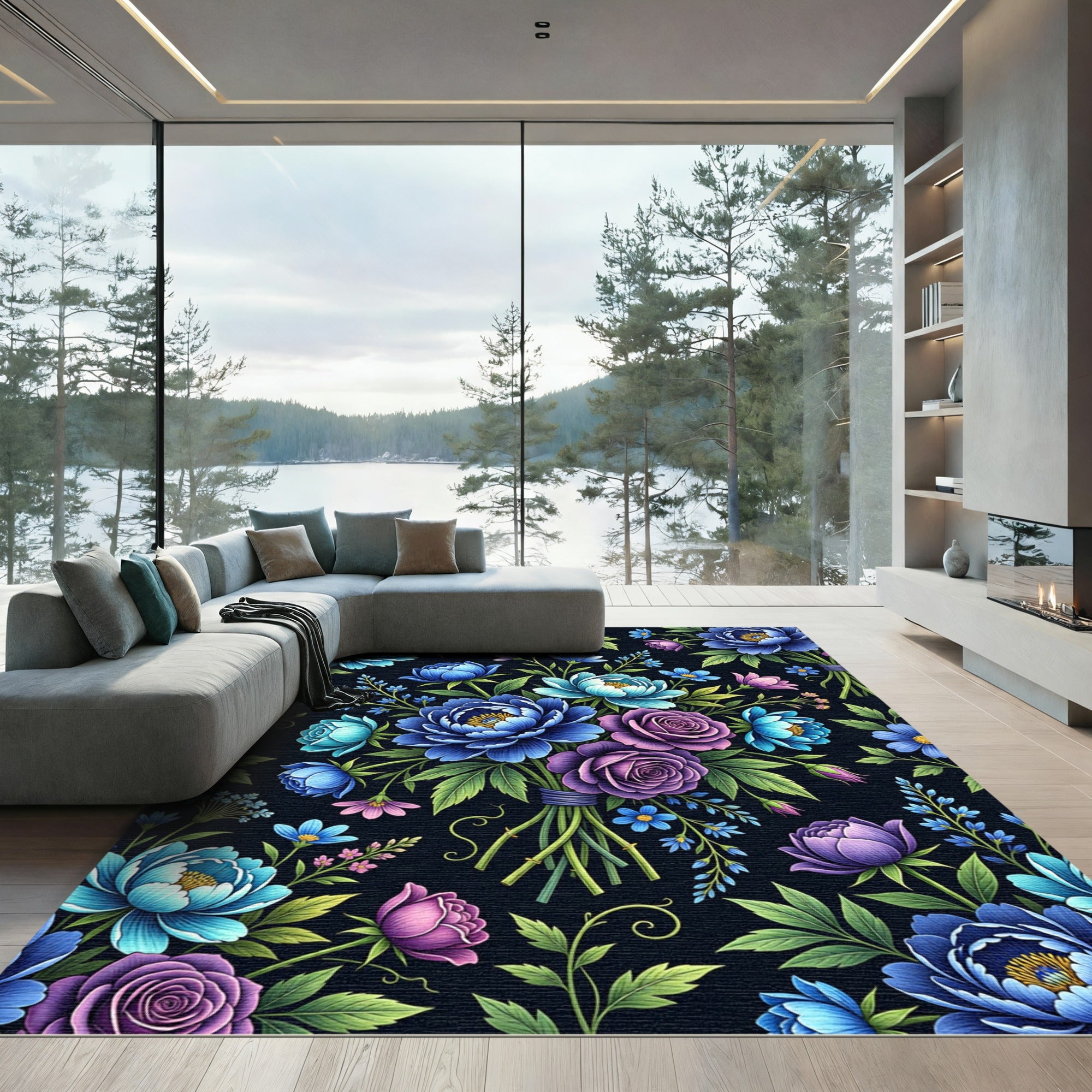 Lush Blue Peony Floral Bouquet Rug