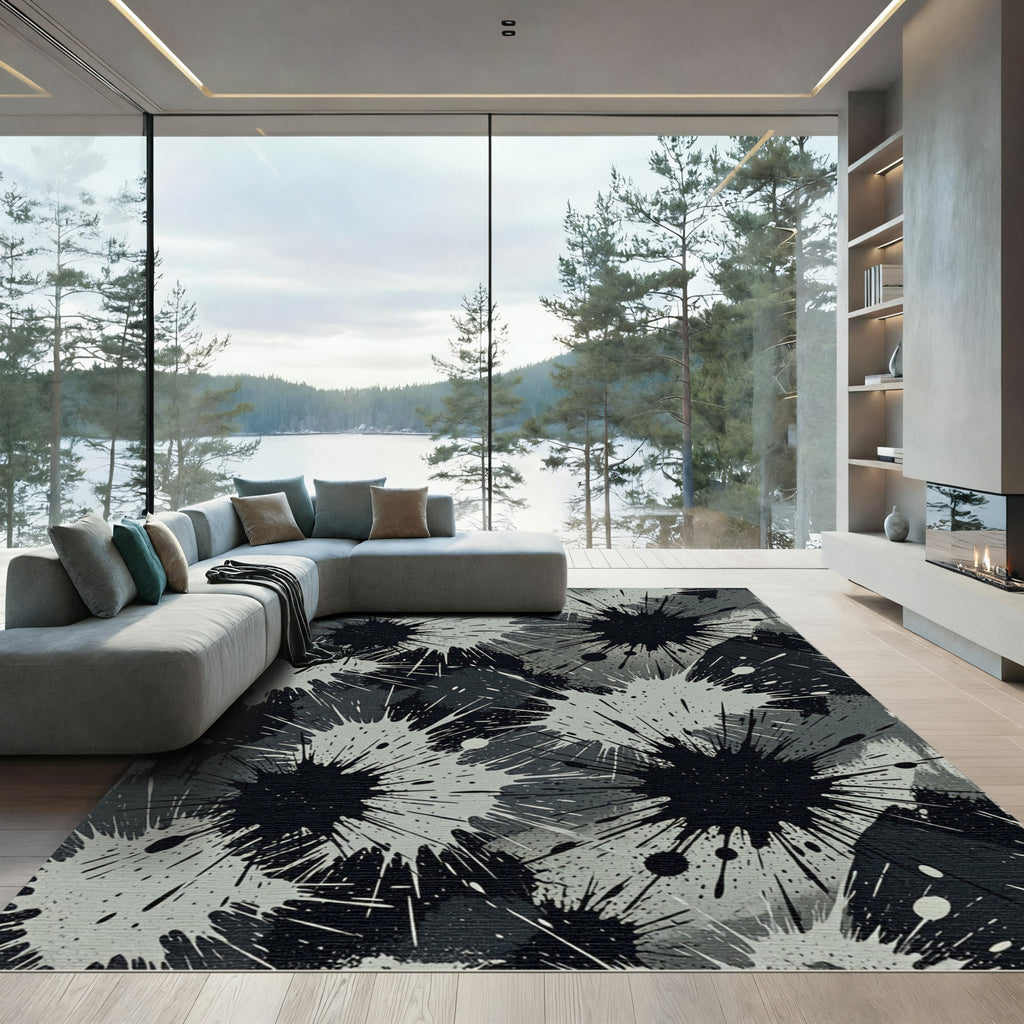 Monochrome Black and Gray Ink Splatter Rug