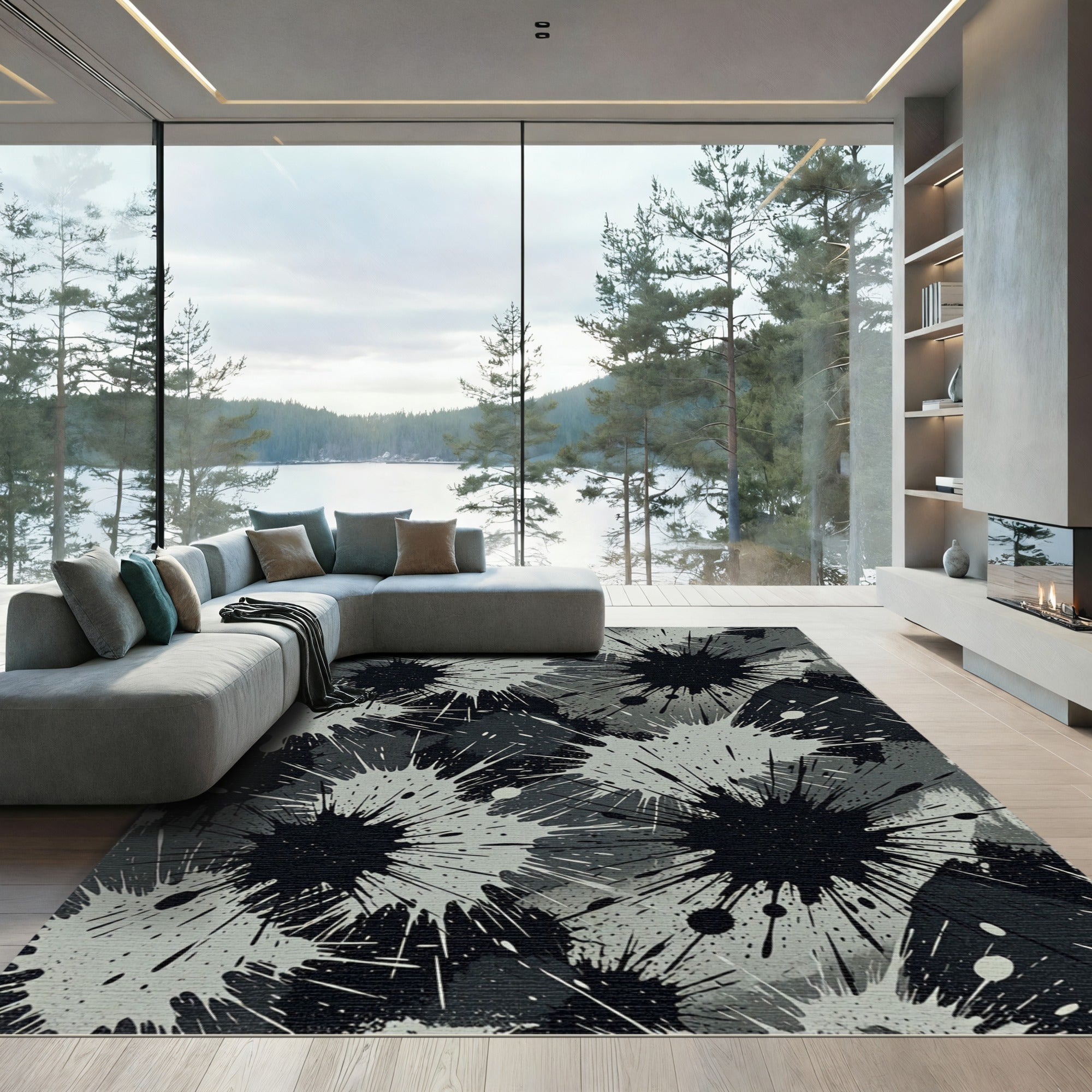 Monochrome Black and Gray Ink Splatter Rug