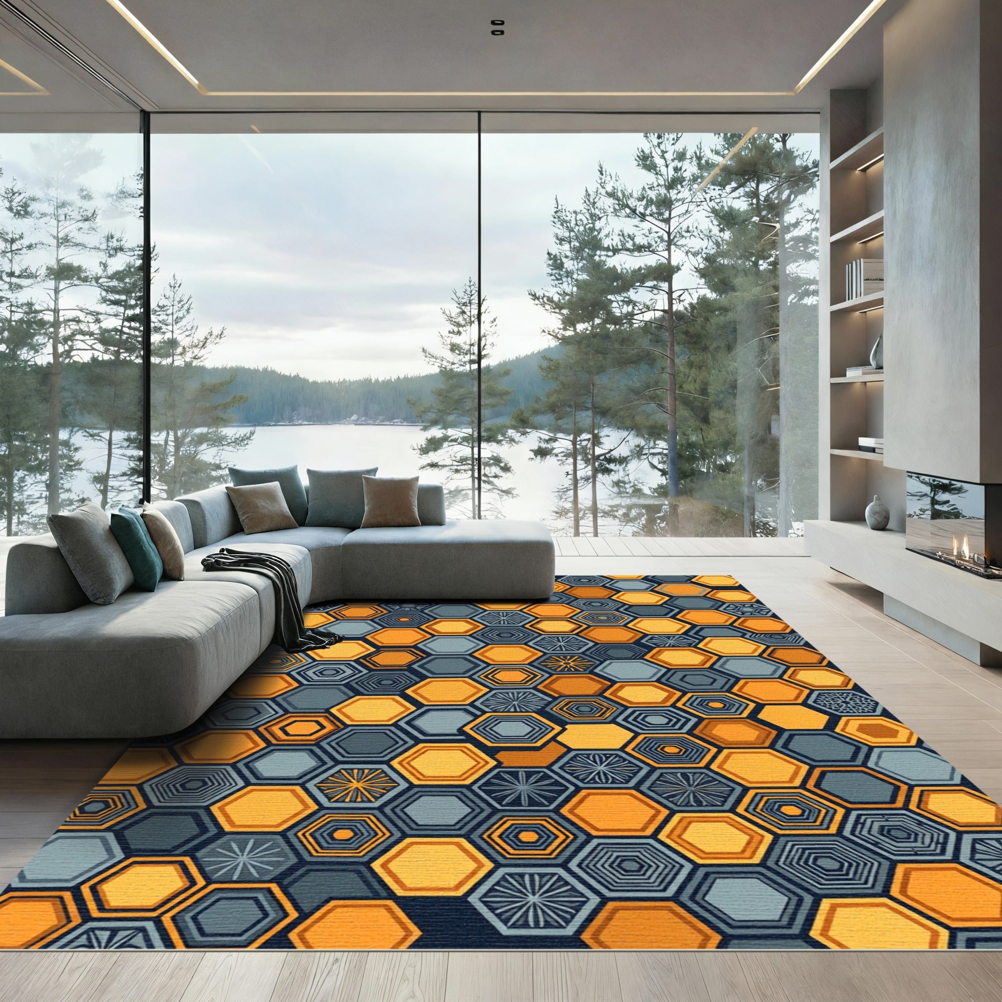 Amber and Slate Geometric Hexagon Mosaic Rug