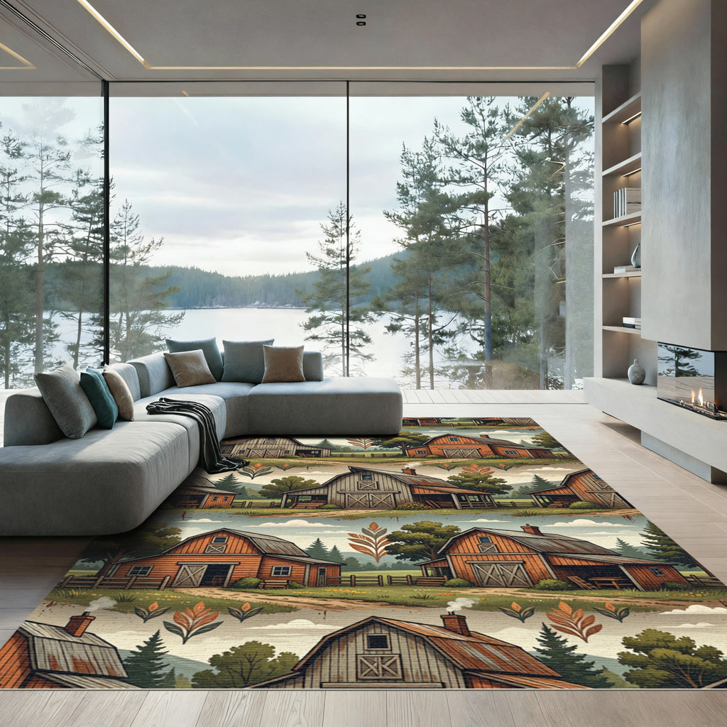 Rustic Autumn Farmhouse Barn Landscape Rug