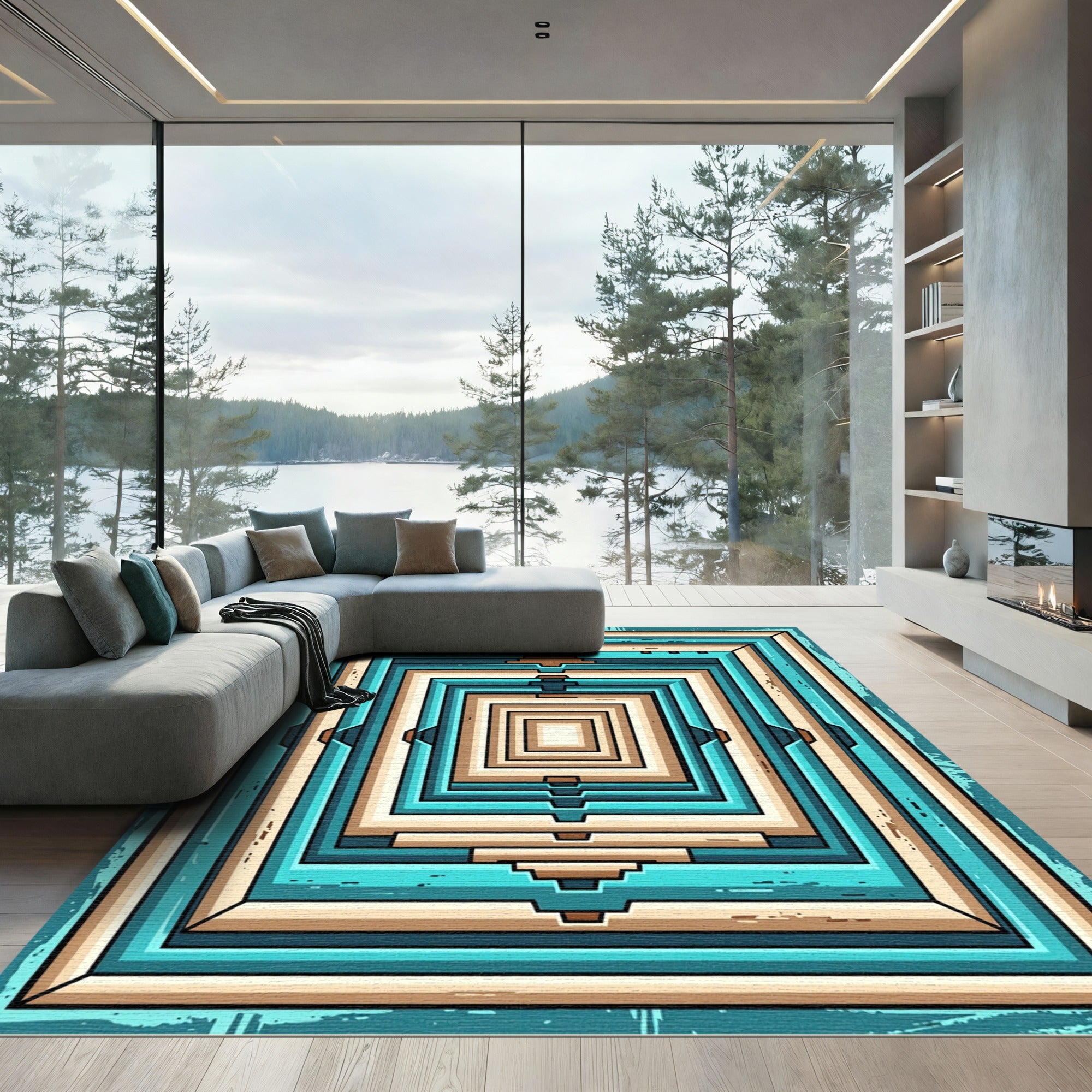 Modern Teal and Sand Geometric Stacked Rectangles Rug