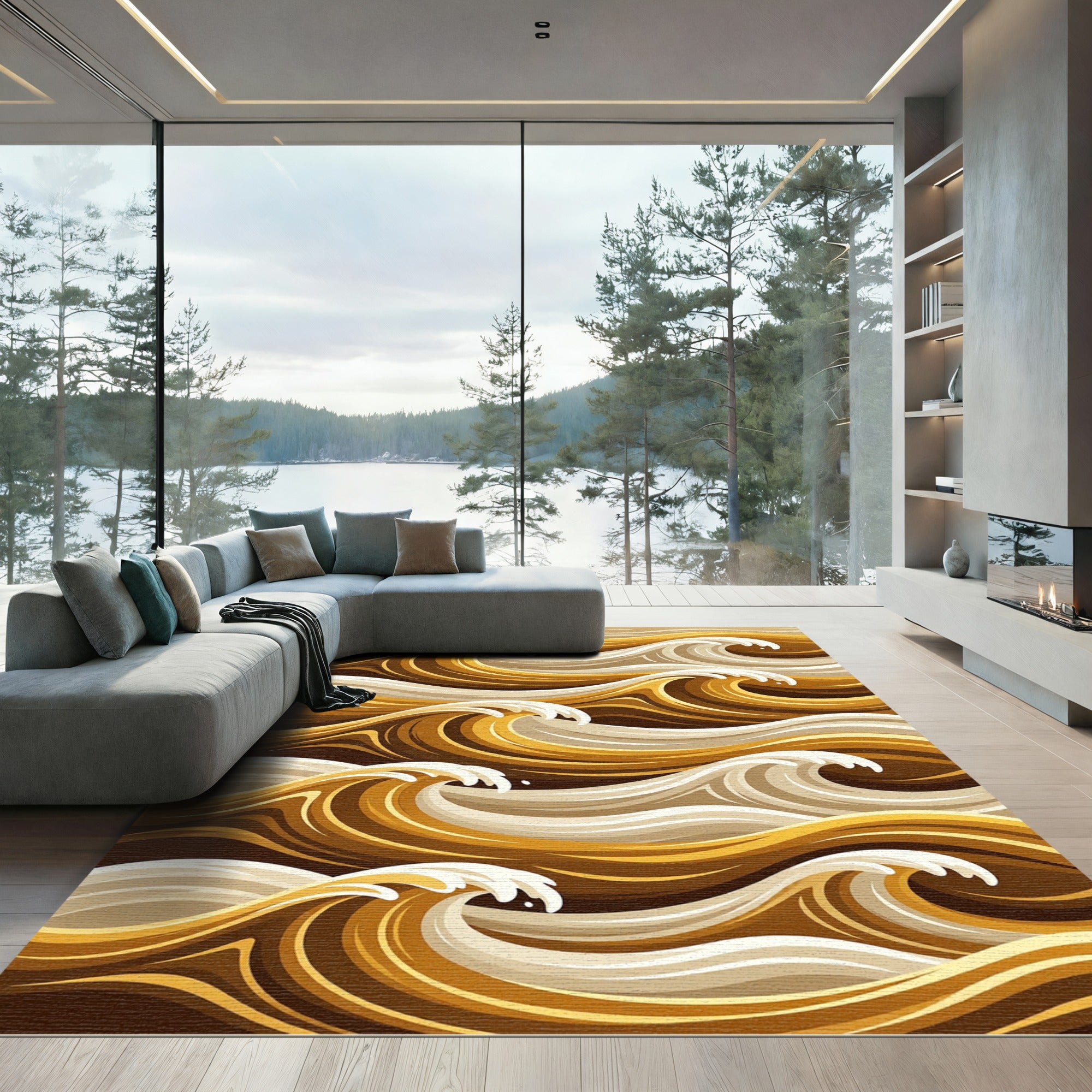 Golden Abstract Wave Swirl Rug