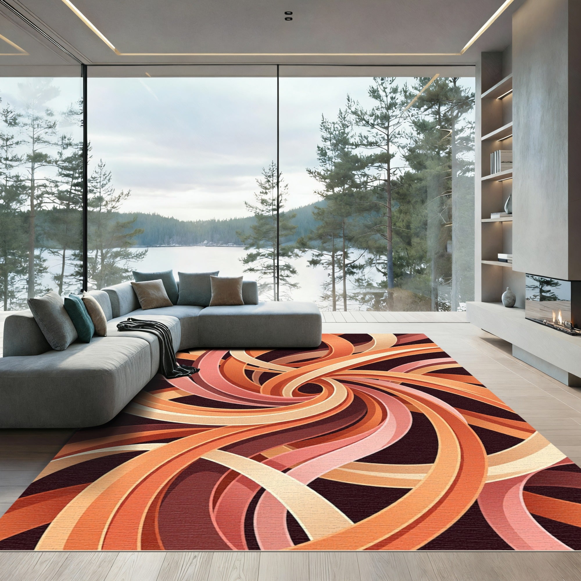 Abstract Swirl Coral Peach Ribbons Rug