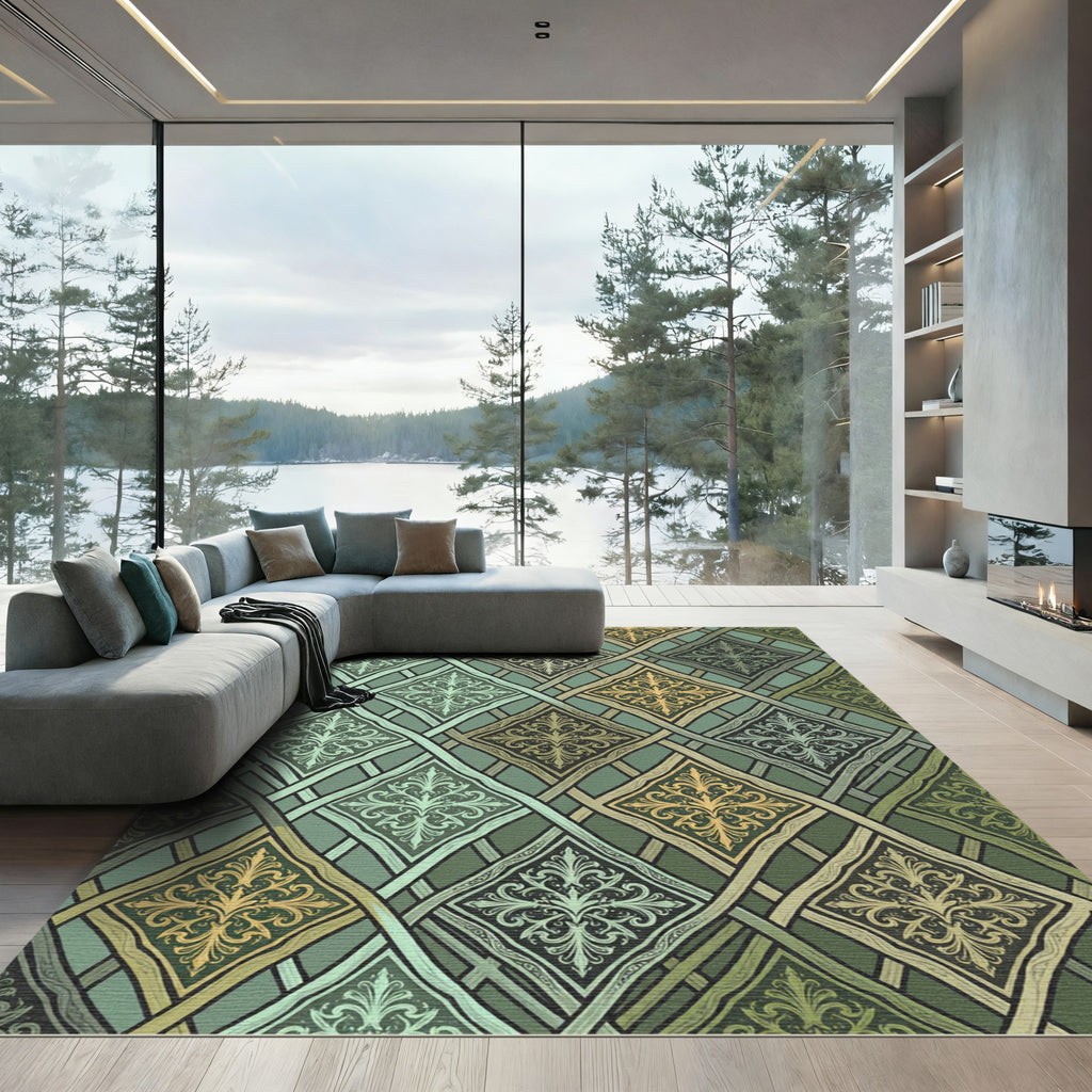 Sage Green Damask Interlocking Lattice Rug