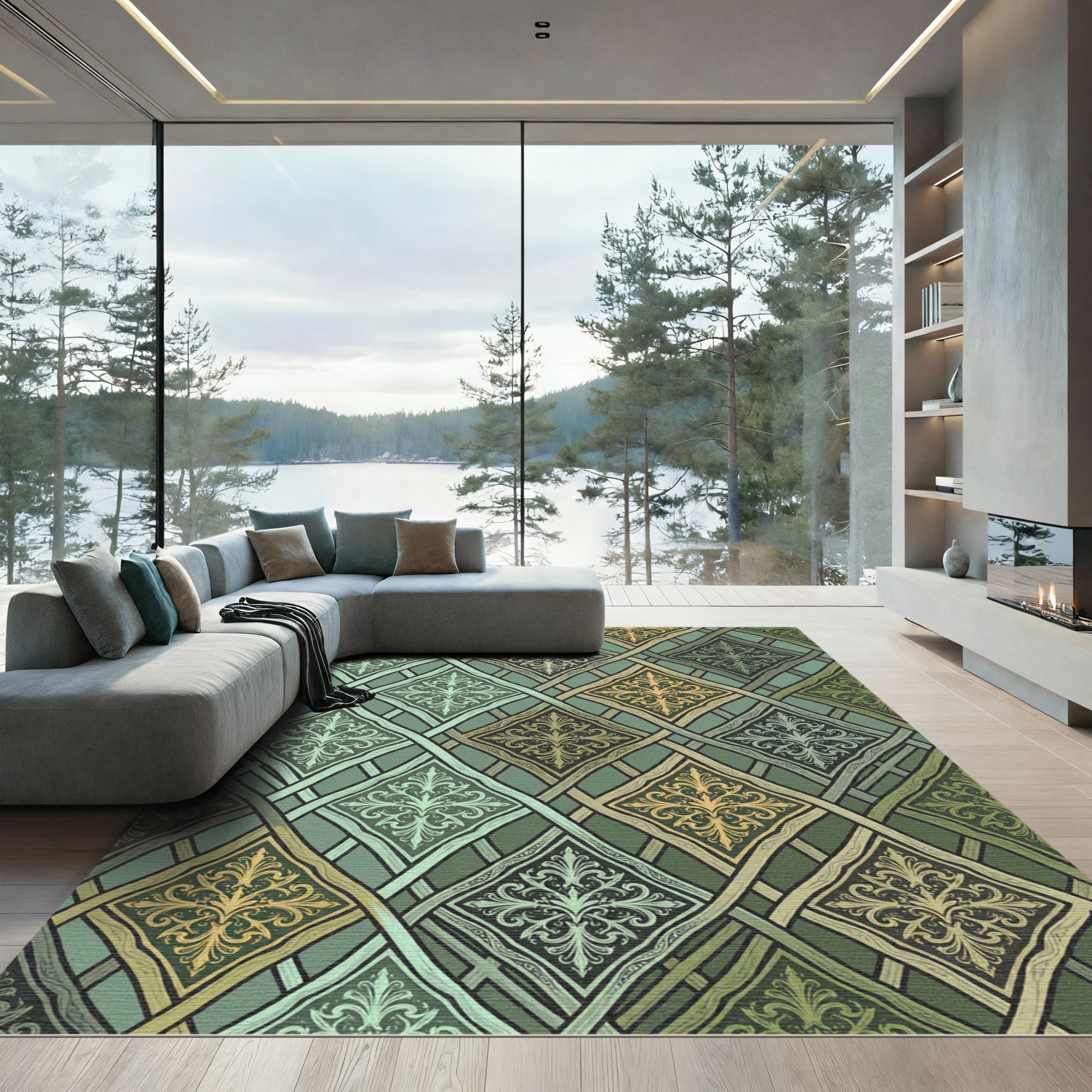 Sage Green Damask Interlocking Lattice Rug