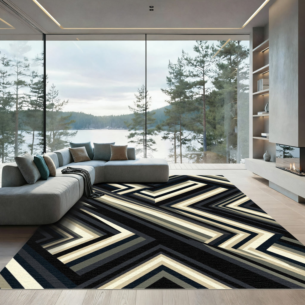 Geometric Monochrome Striped Chevron Rug