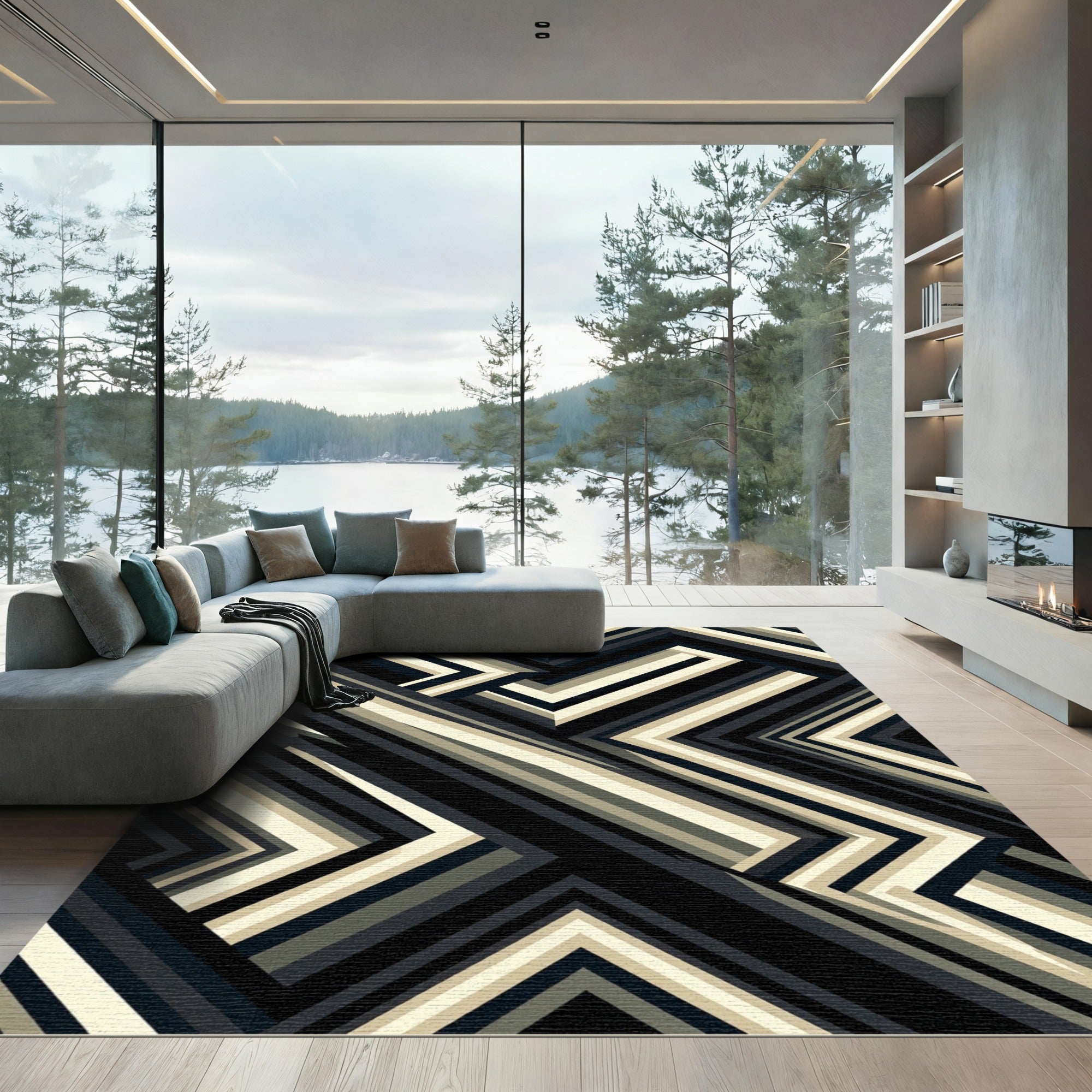 Geometric Monochrome Striped Chevron Rug