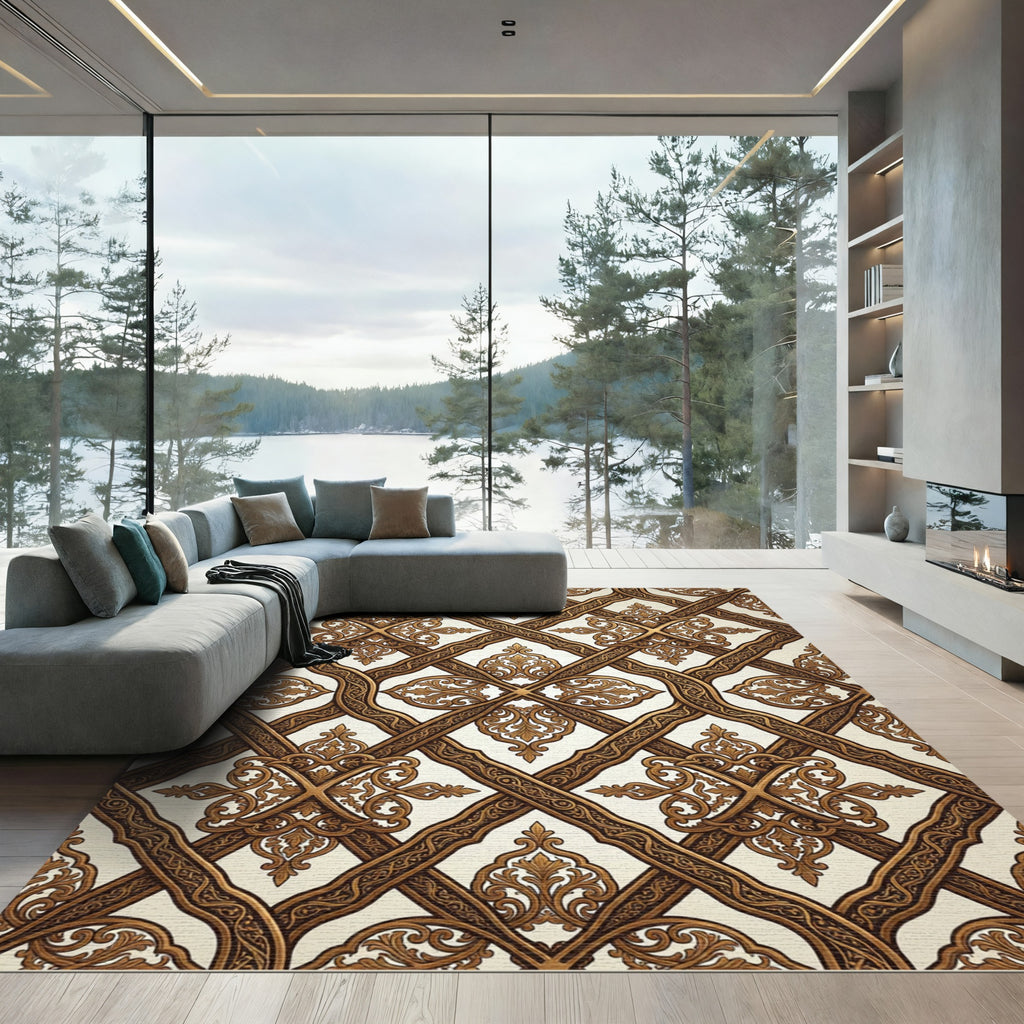 Golden Baroque Lattice Filigree Rug