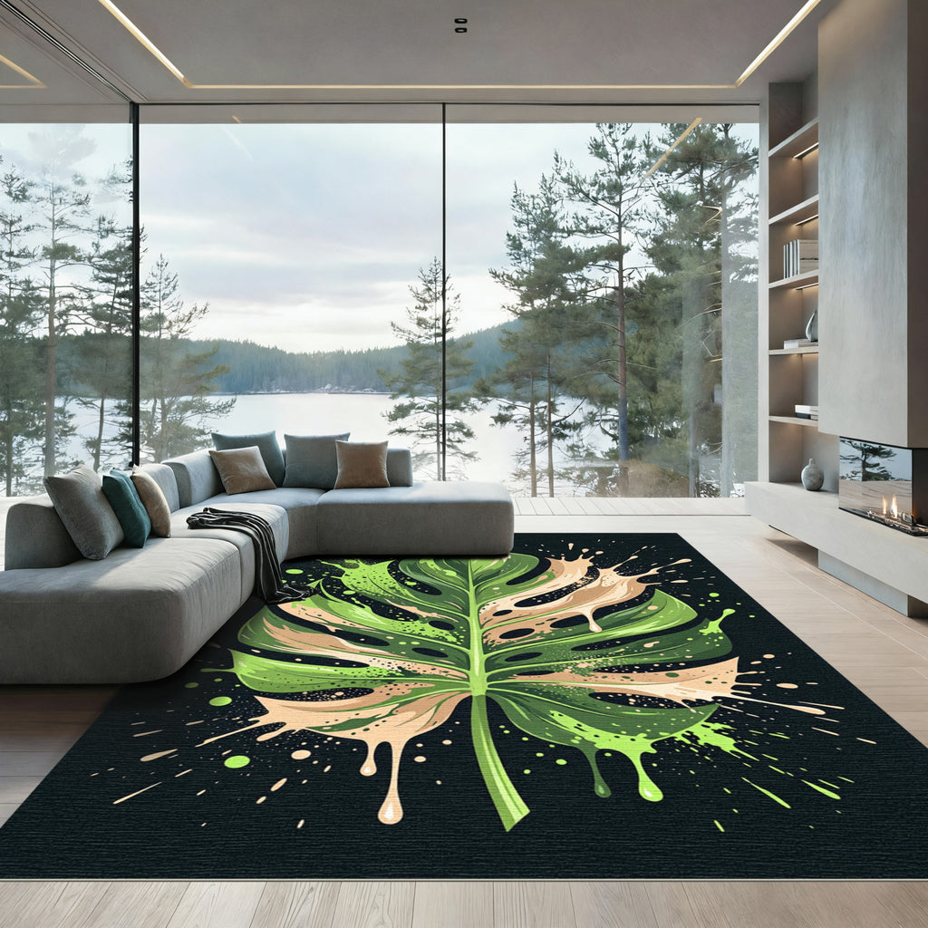 Monstera Leaf Splatter Paint Rug