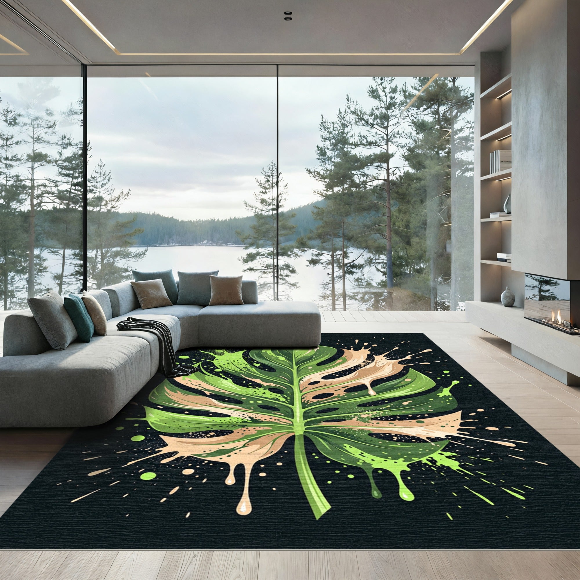 Monstera Leaf Splatter Paint Rug