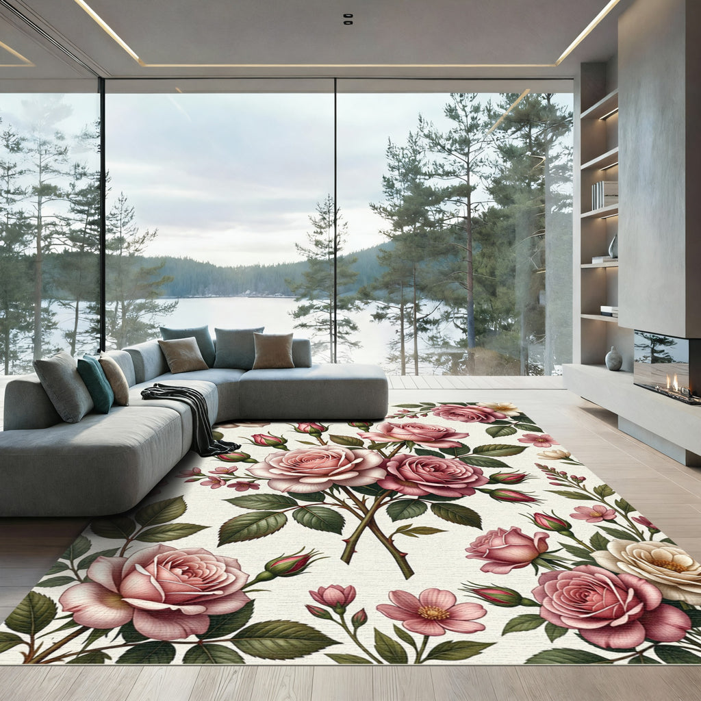 Romantic Blush Rose Floral Garden Rug