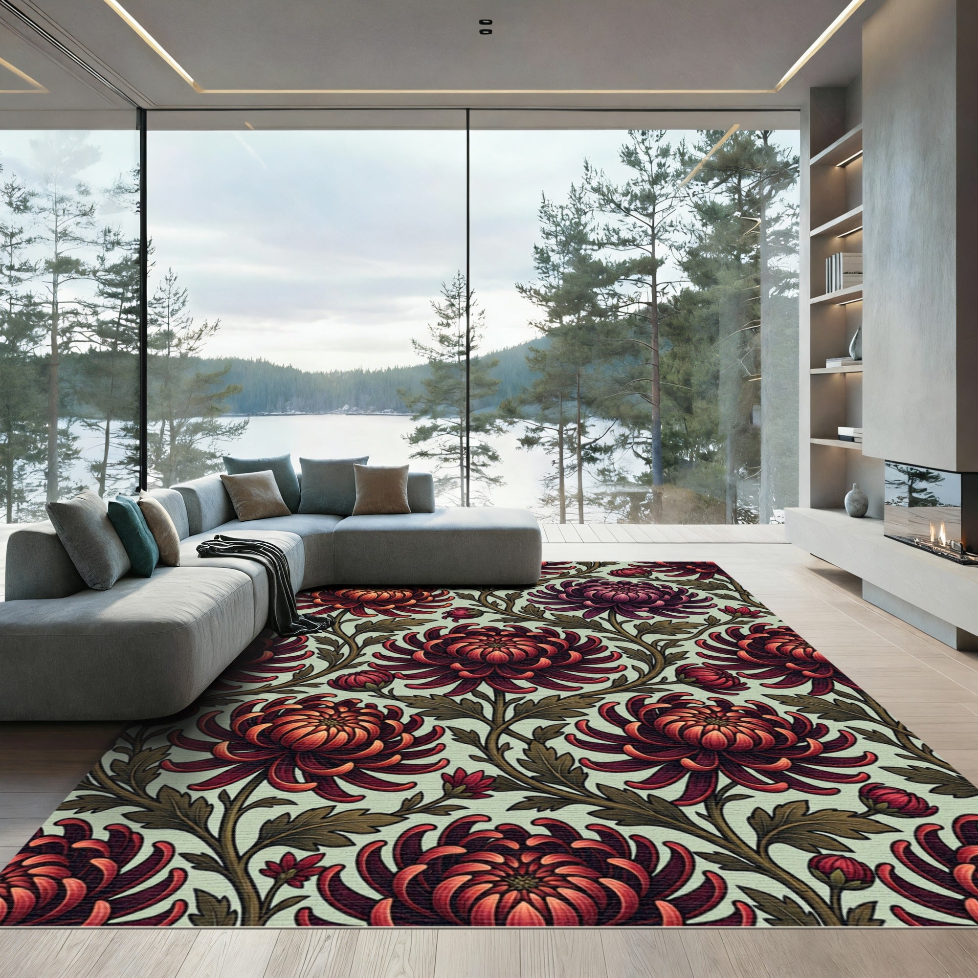 Crimson Mums Botanical Art Nouveau Rug