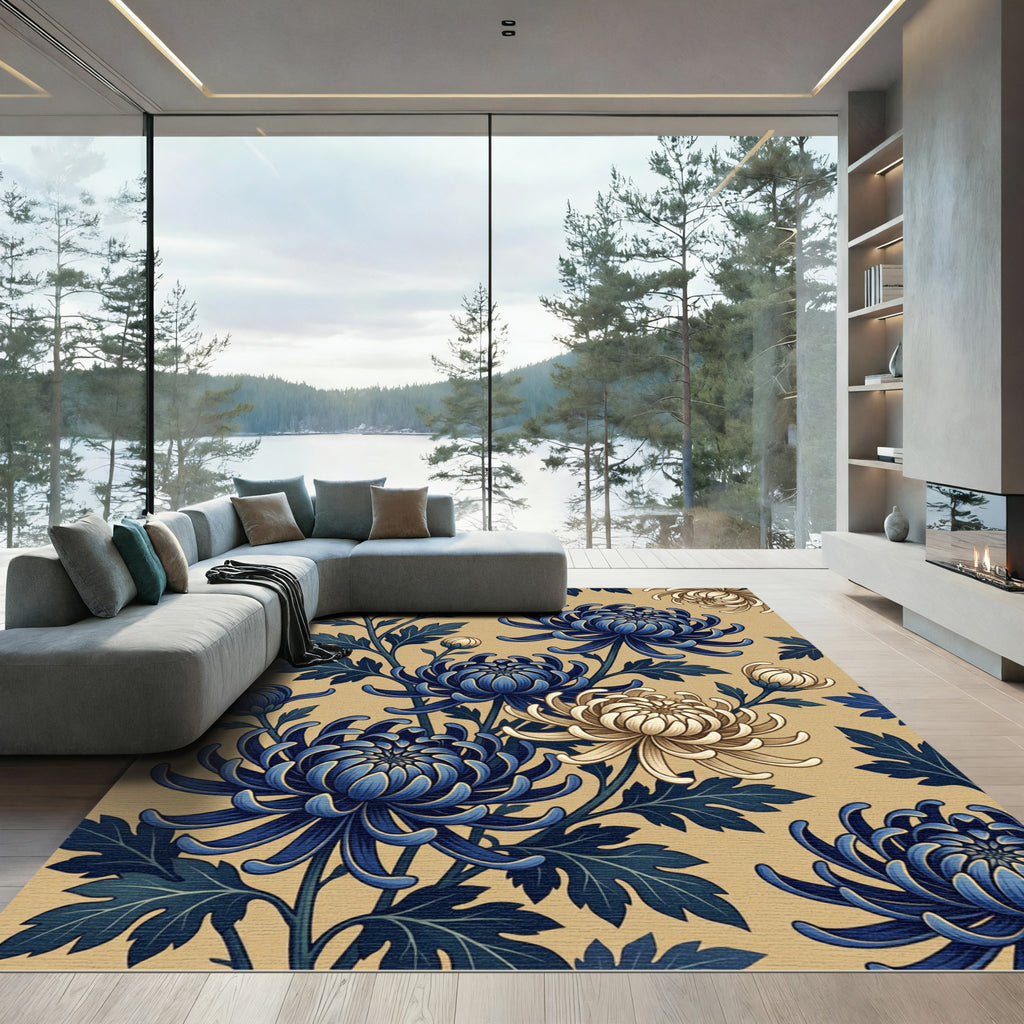 Navy Blue and Cream Chrysanthemum Botanical Rug