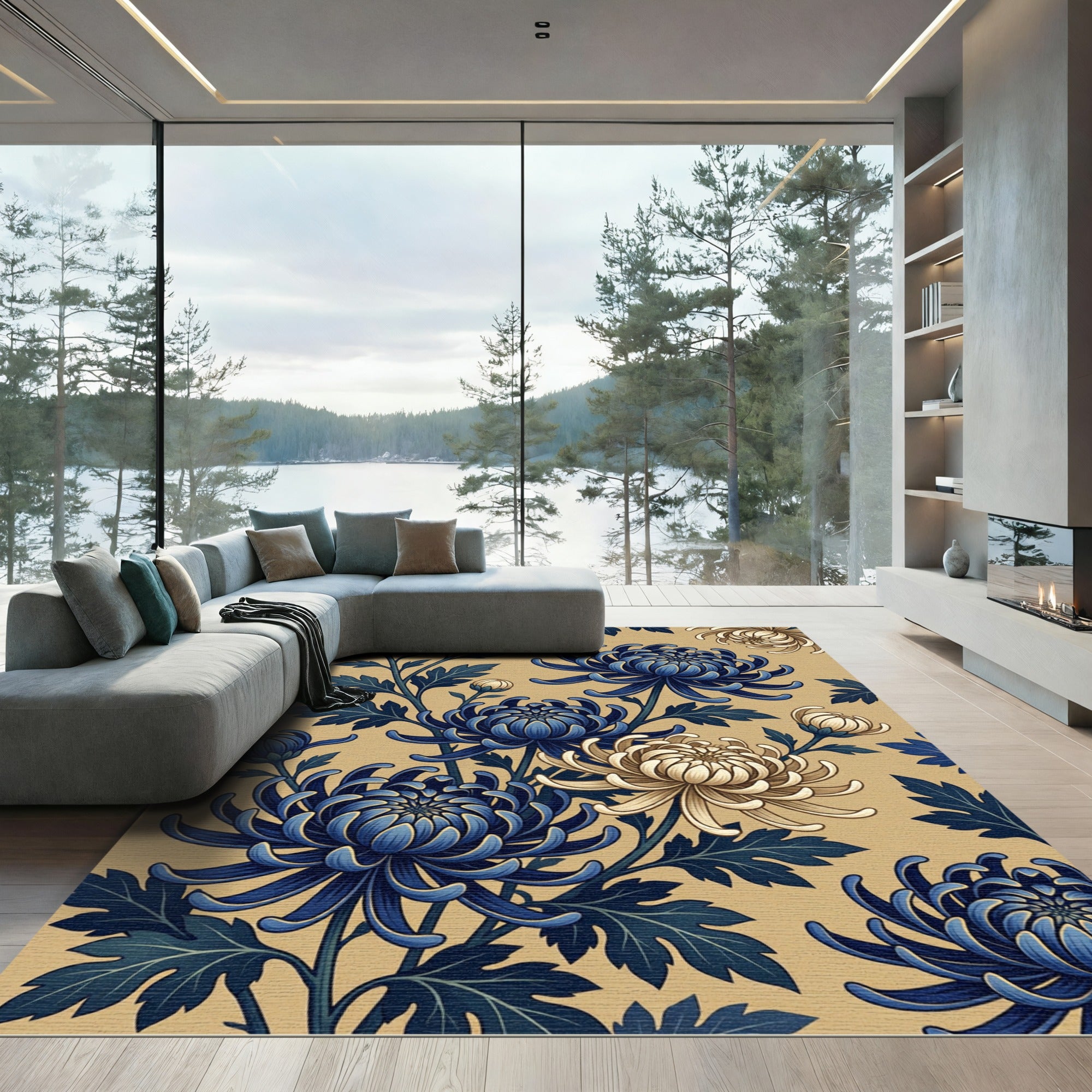 Navy Blue and Cream Chrysanthemum Botanical Rug