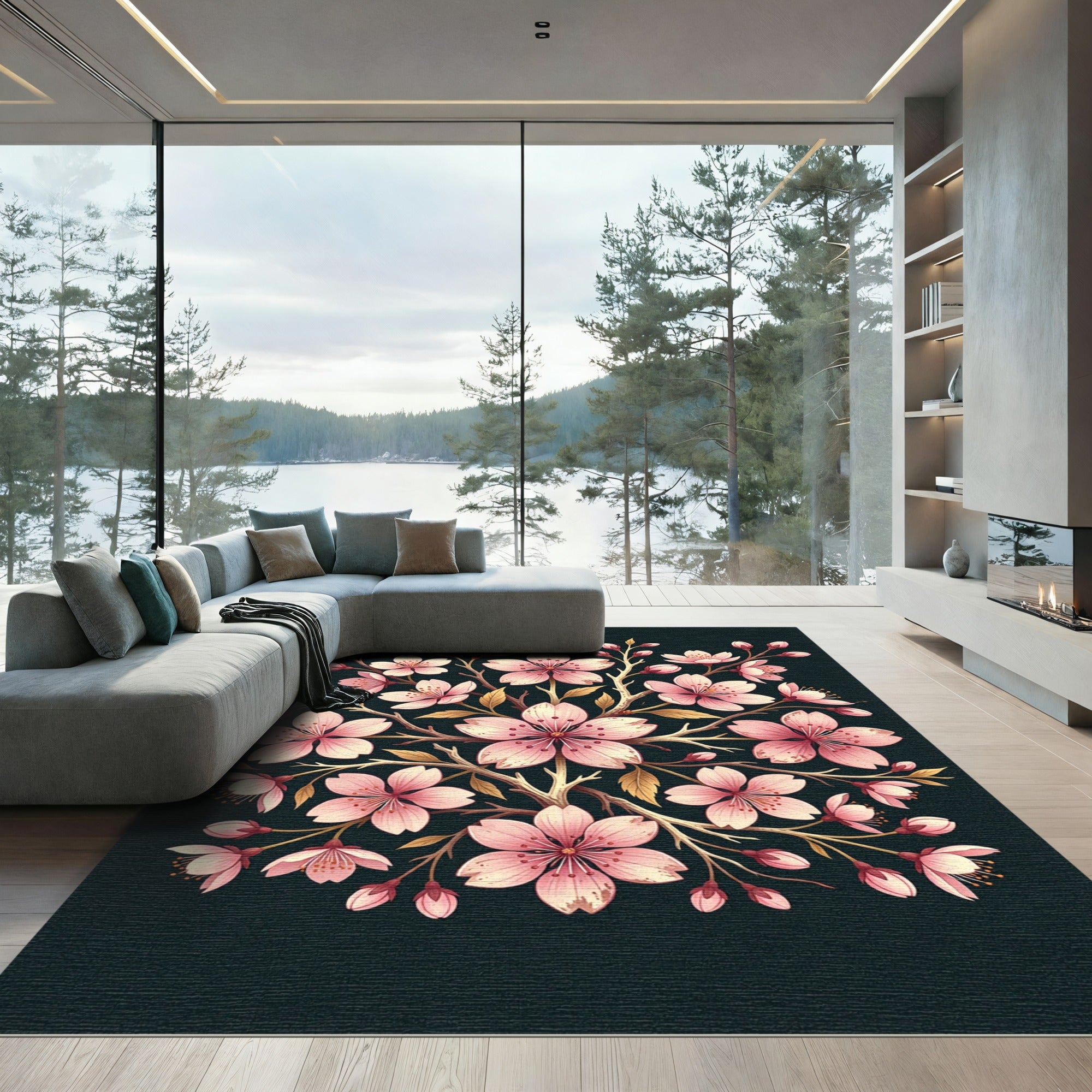 Elegant Pink Cherry Blossom Floral Rug