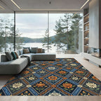 Ornate Navy Floral Diamond Lattice Rug