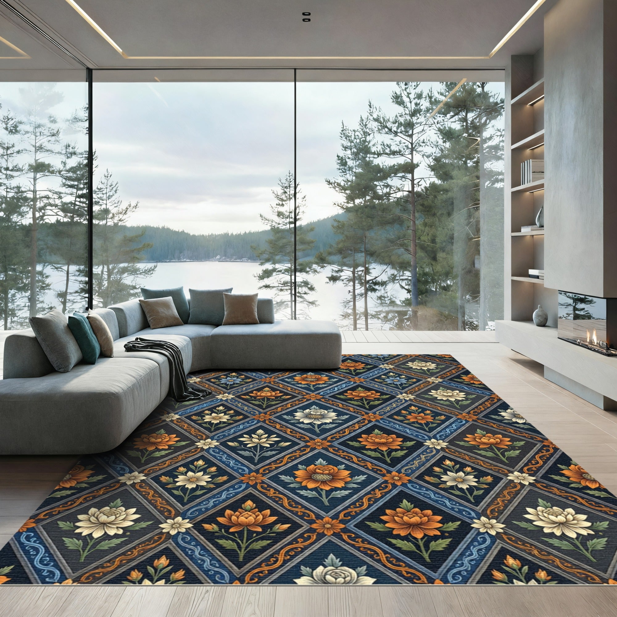 Ornate Navy Floral Diamond Lattice Rug
